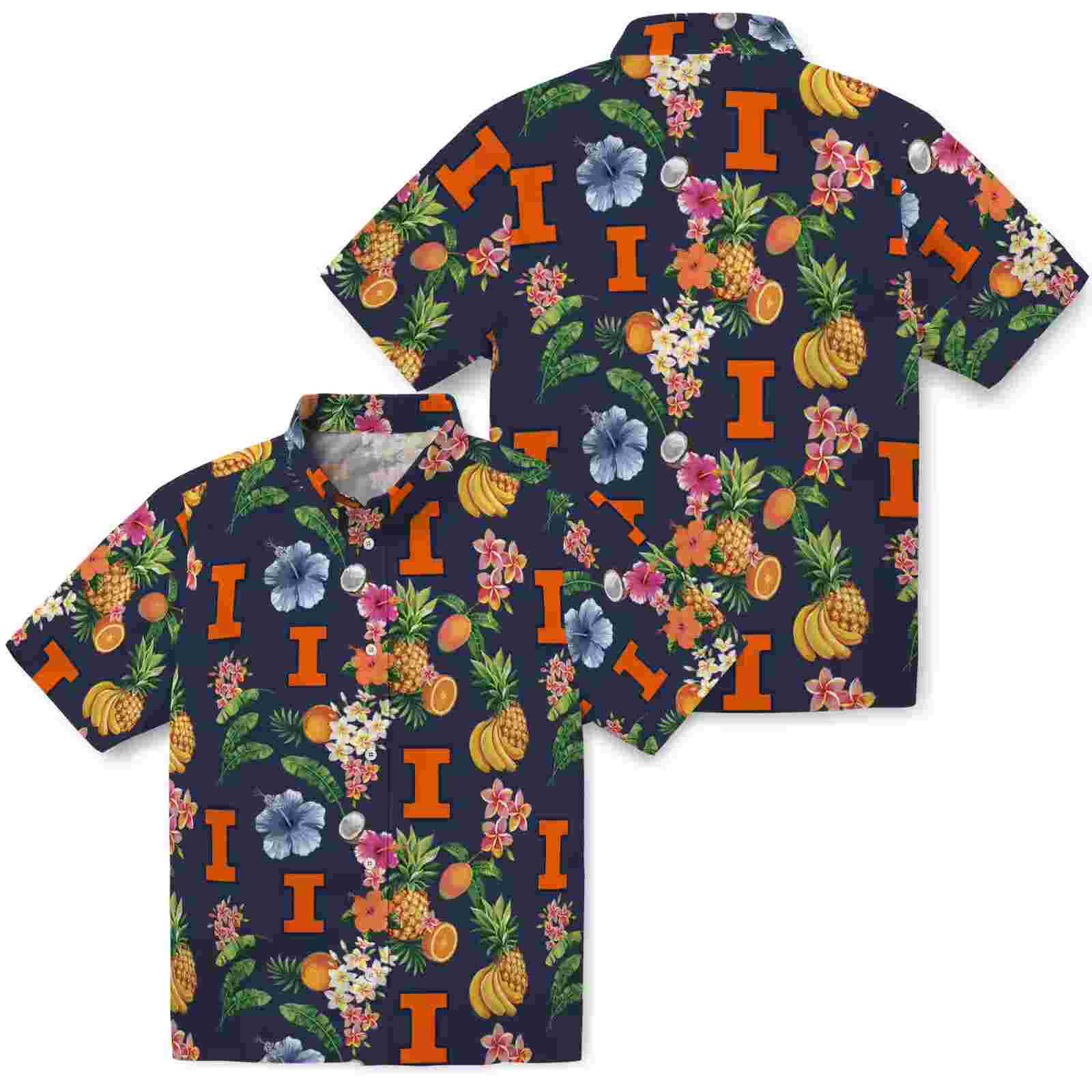 illinois fighting illini hibiscus and fruit navy blue hawaiian shirt high quality