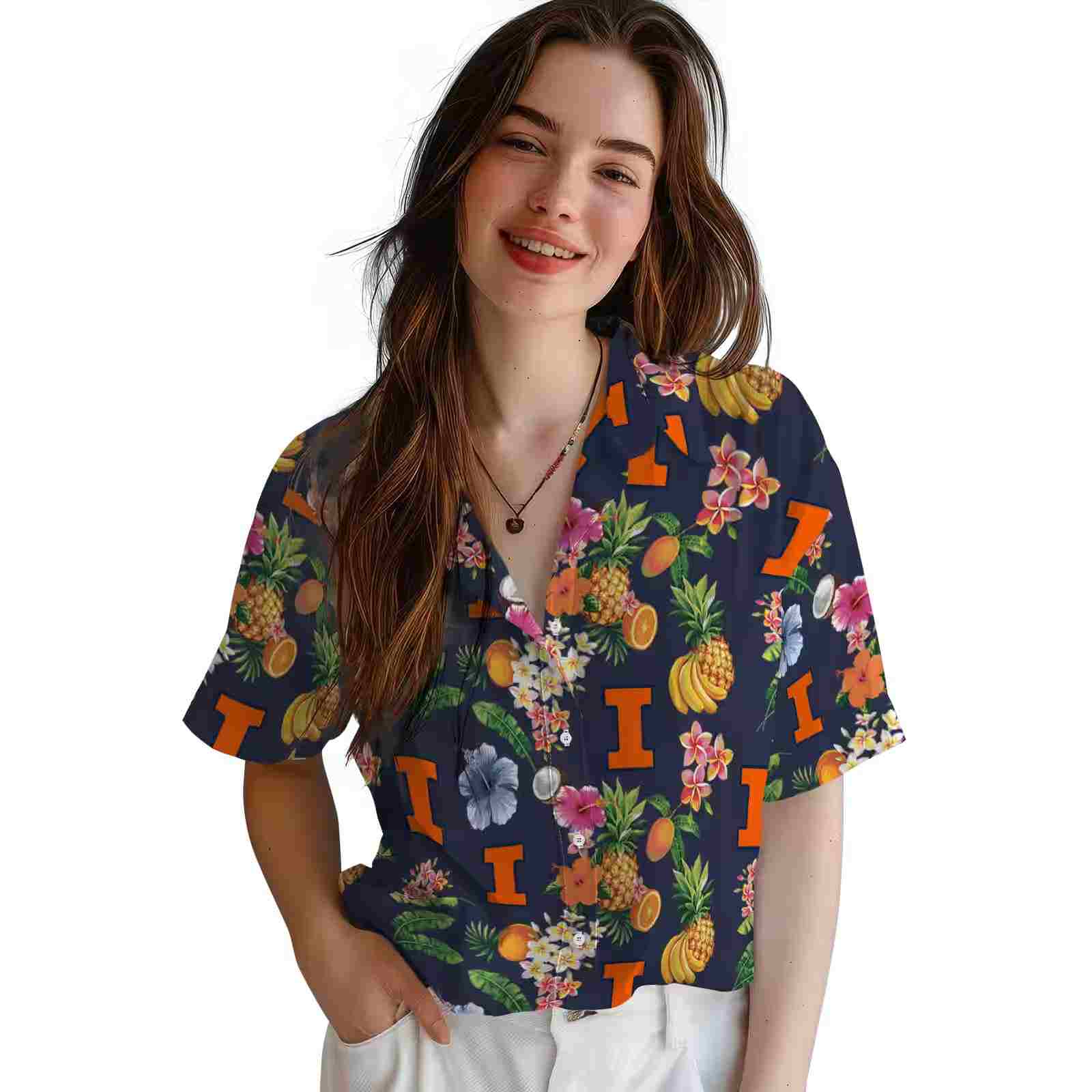 illinois fighting illini hibiscus and fruit navy blue hawaiian shirt latest model