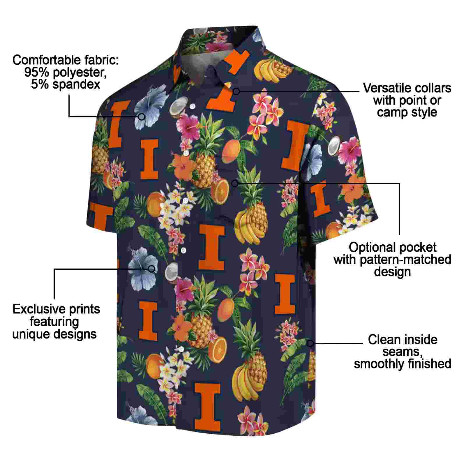 illinois fighting illini hibiscus and fruit navy blue hawaiian shirt new arrival