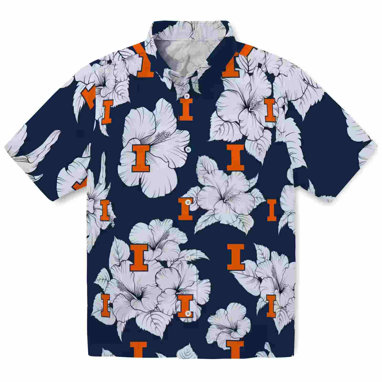 Illinois Fighting Illini Hibiscus Blooms Blue White Hawaiian Shirt