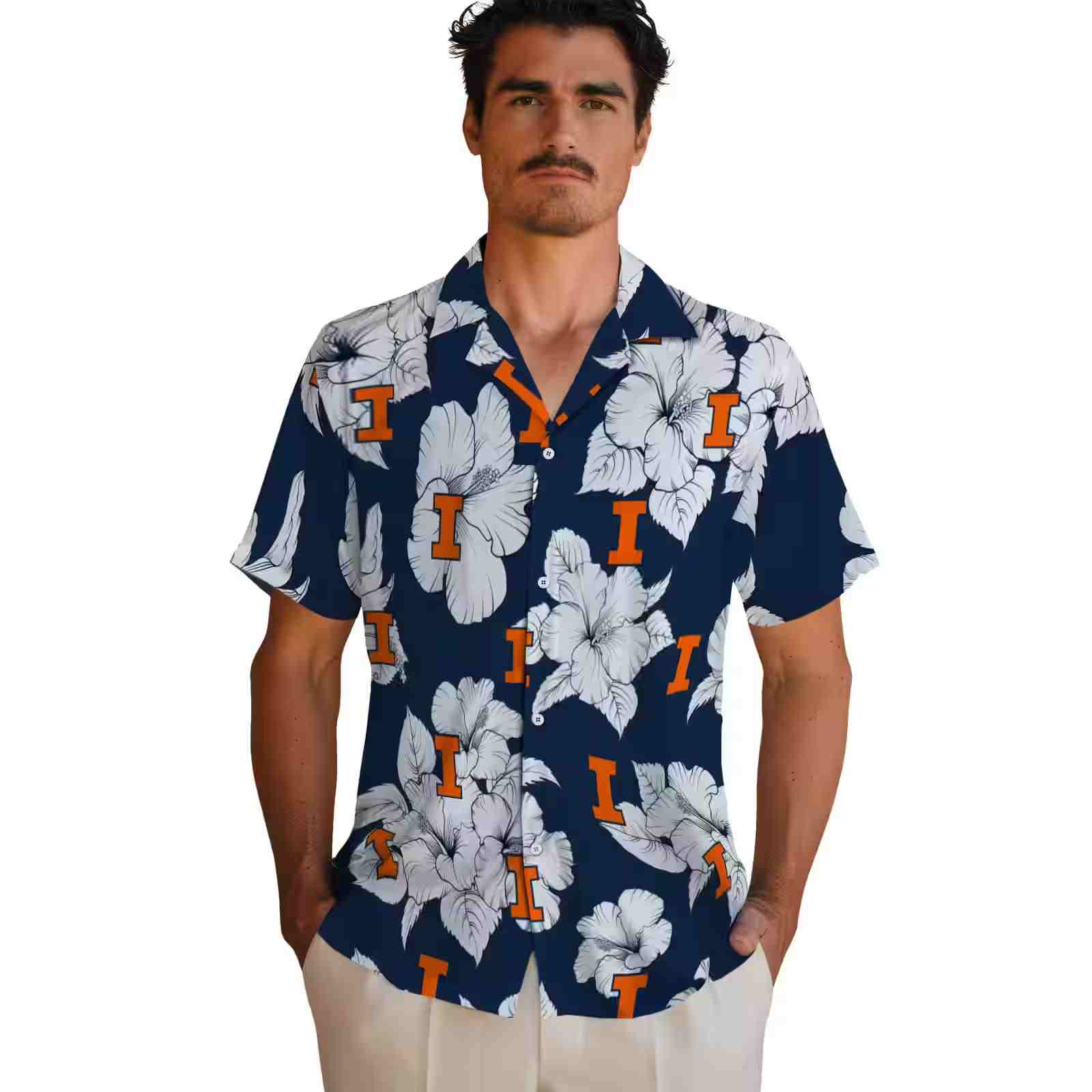 illinois fighting illini hibiscus blooms blue white hawaiian shirt fashion forward