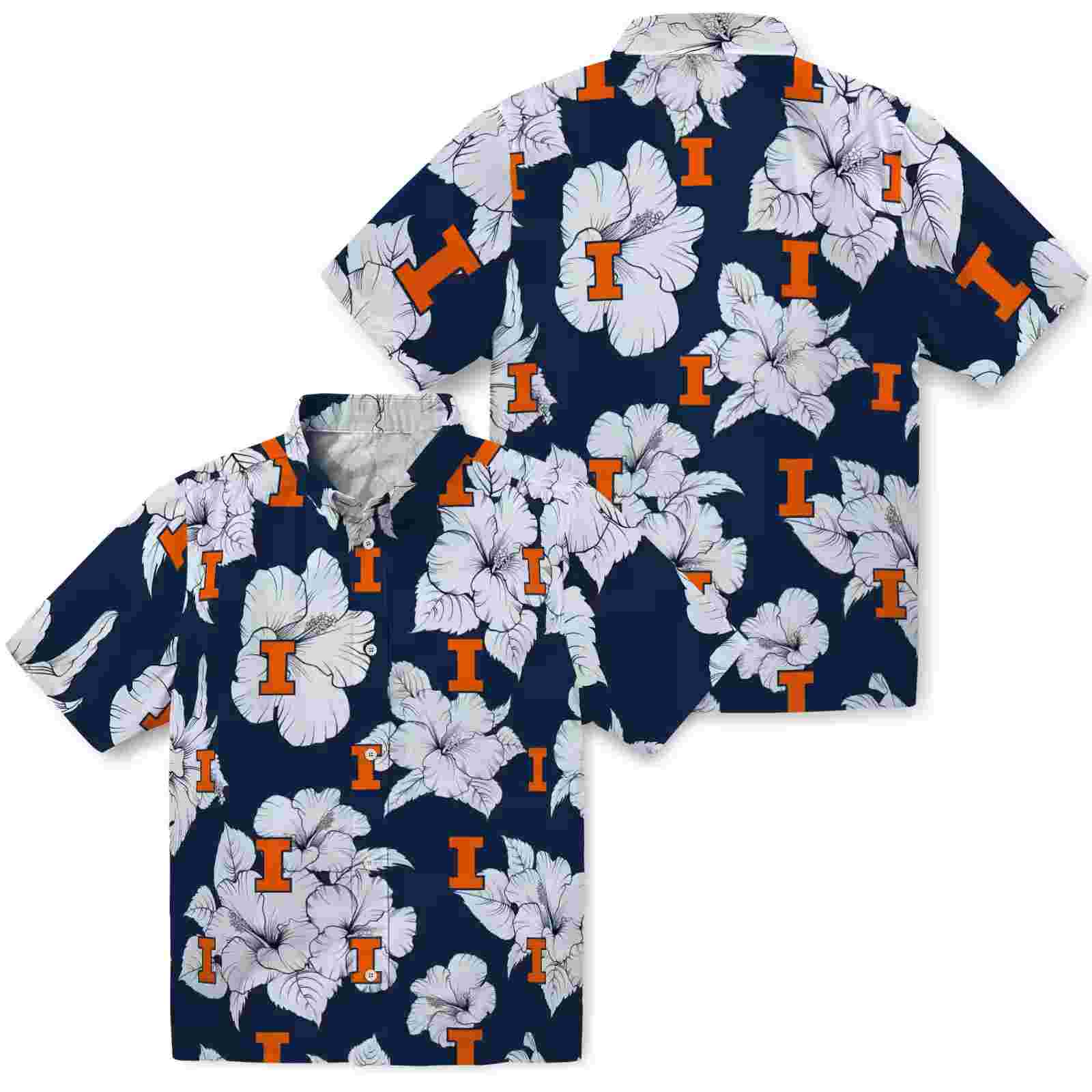 illinois fighting illini hibiscus blooms blue white hawaiian shirt high quality