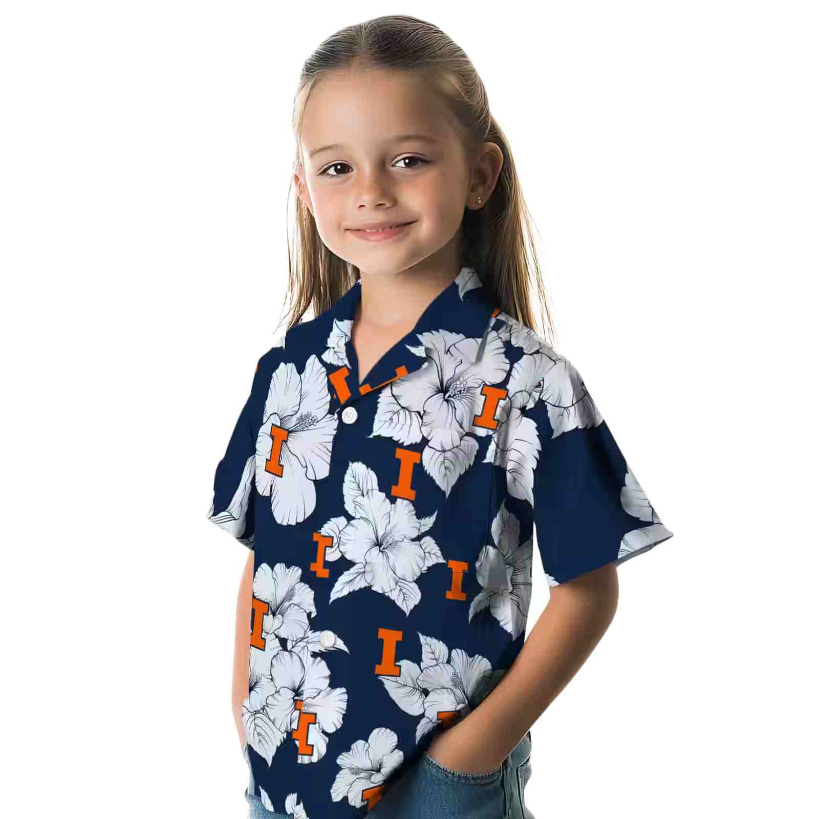 illinois fighting illini hibiscus blooms blue white hawaiian shirt premium grade