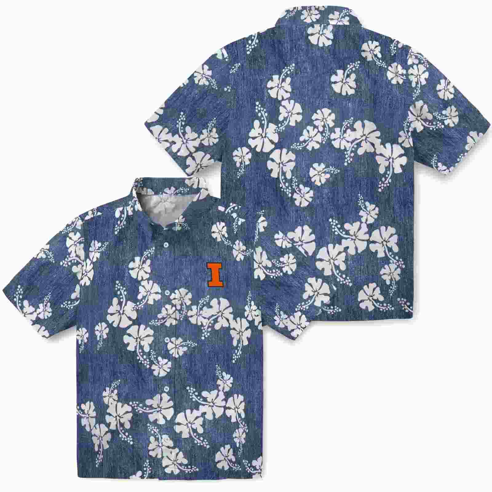 illinois fighting illini hibiscus clusters blue hawaiian shirt high quality