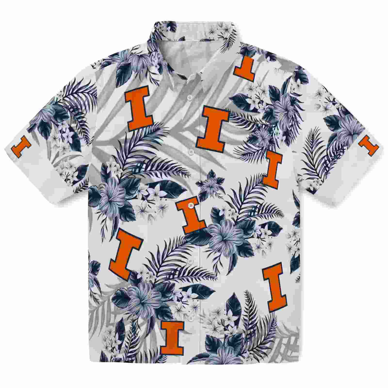 Illinois Fighting Illini Hibiscus Palm Leaves Blue White Hawaiian Shirt