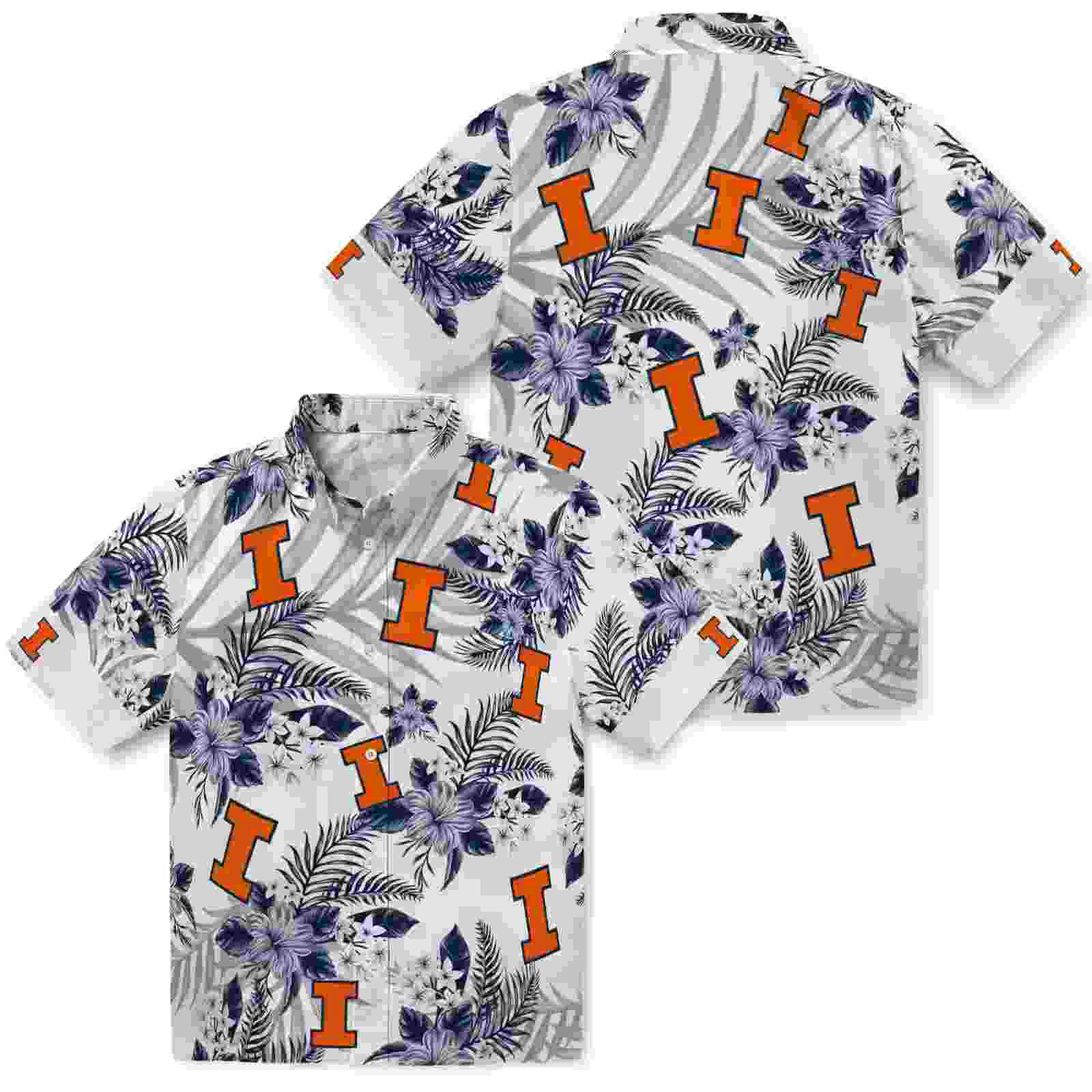 illinois fighting illini hibiscus palm leaves blue white hawaiian shirt high quality