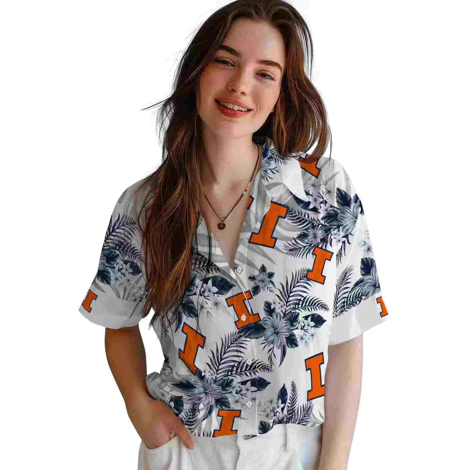 illinois fighting illini hibiscus palm leaves blue white hawaiian shirt latest model