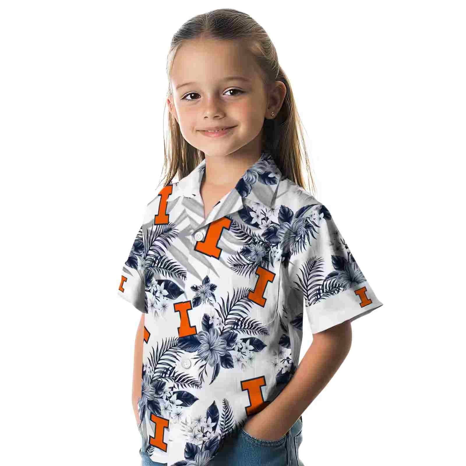 illinois fighting illini hibiscus palm leaves blue white hawaiian shirt premium grade