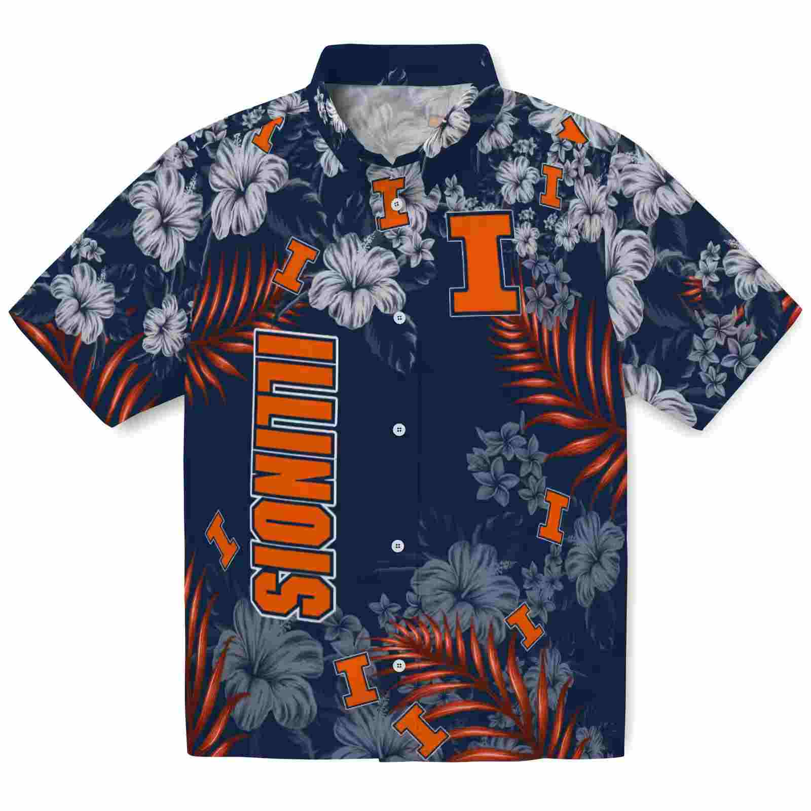 Illinois Fighting Illini Hibiscus Print Blue Hawaiian Shirt