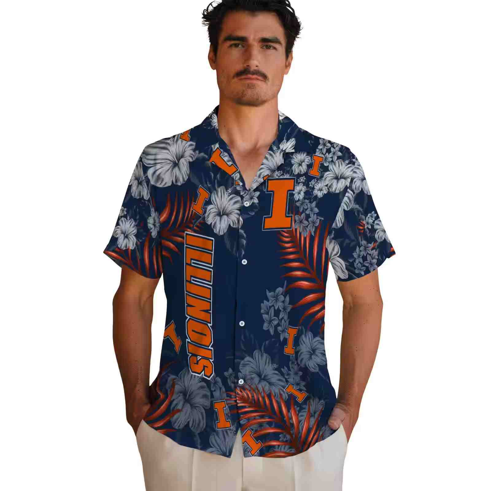 illinois fighting illini hibiscus print blue hawaiian shirt fashion forward