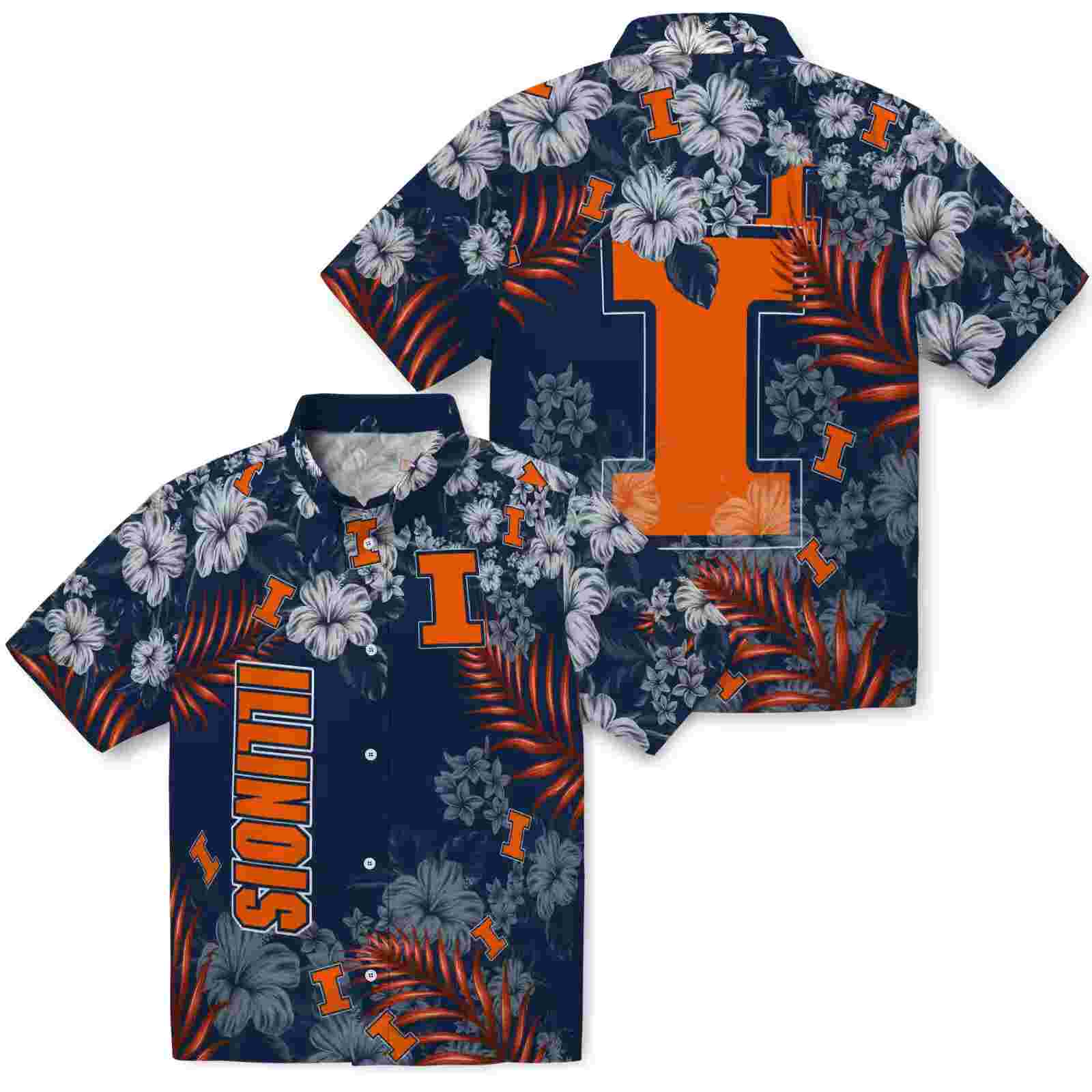 illinois fighting illini hibiscus print blue hawaiian shirt high quality