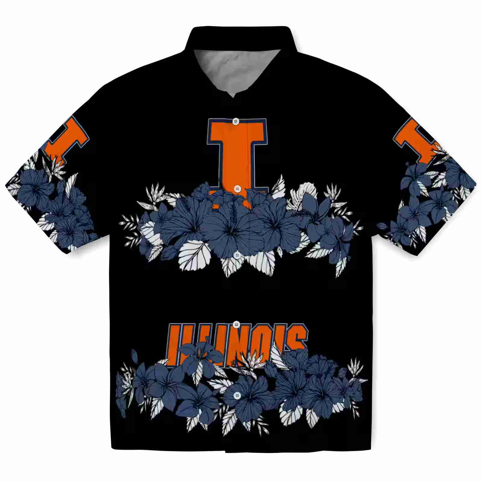 Illinois Fighting Illini Hibiscus Stripe Blue Black Hawaiian Shirt