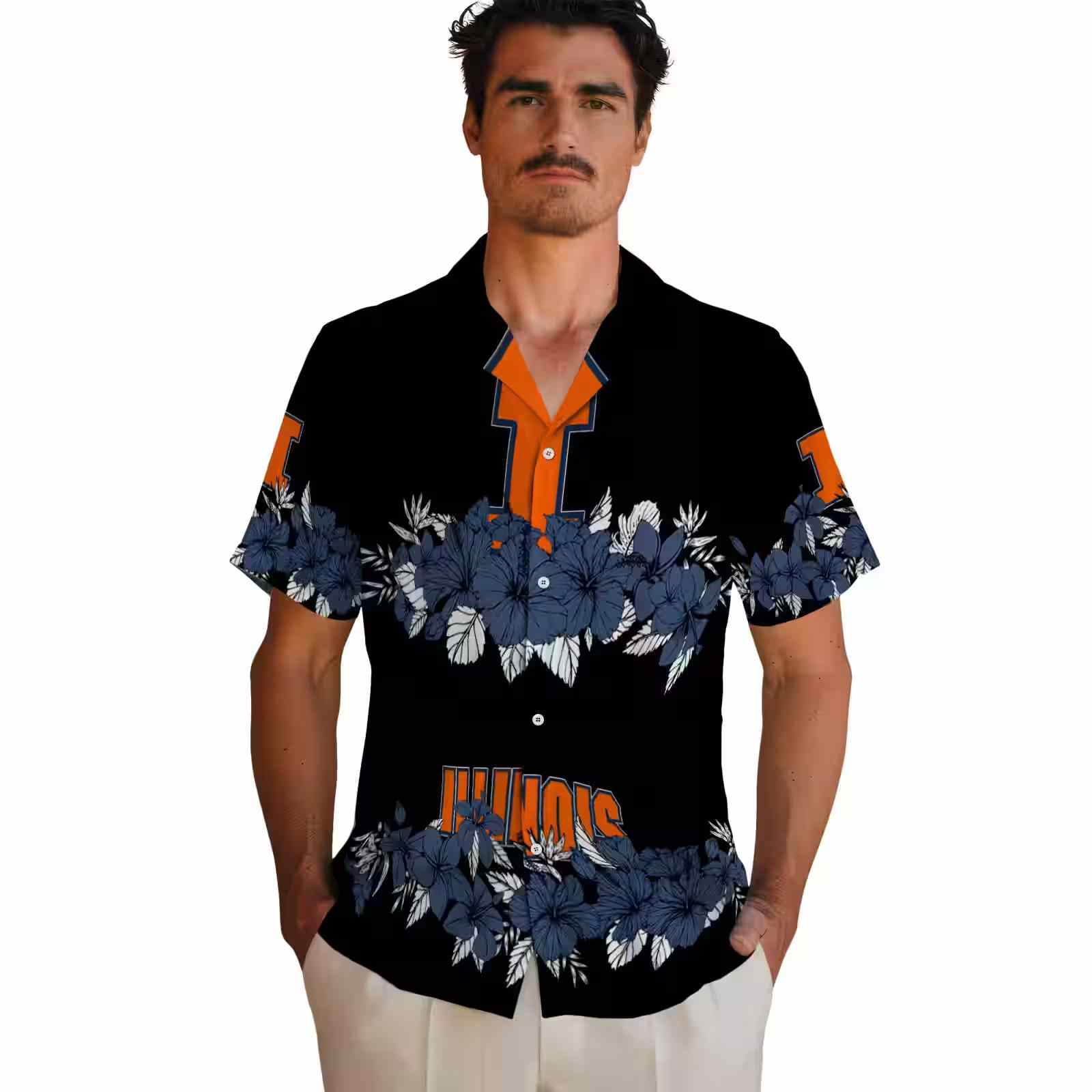 illinois fighting illini hibiscus stripe blue black hawaiian shirt fashion forward