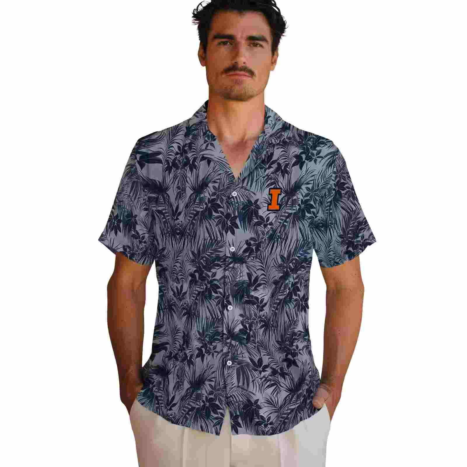 illinois fighting illini leafy pattern blue hawaiian shirt fashion forward