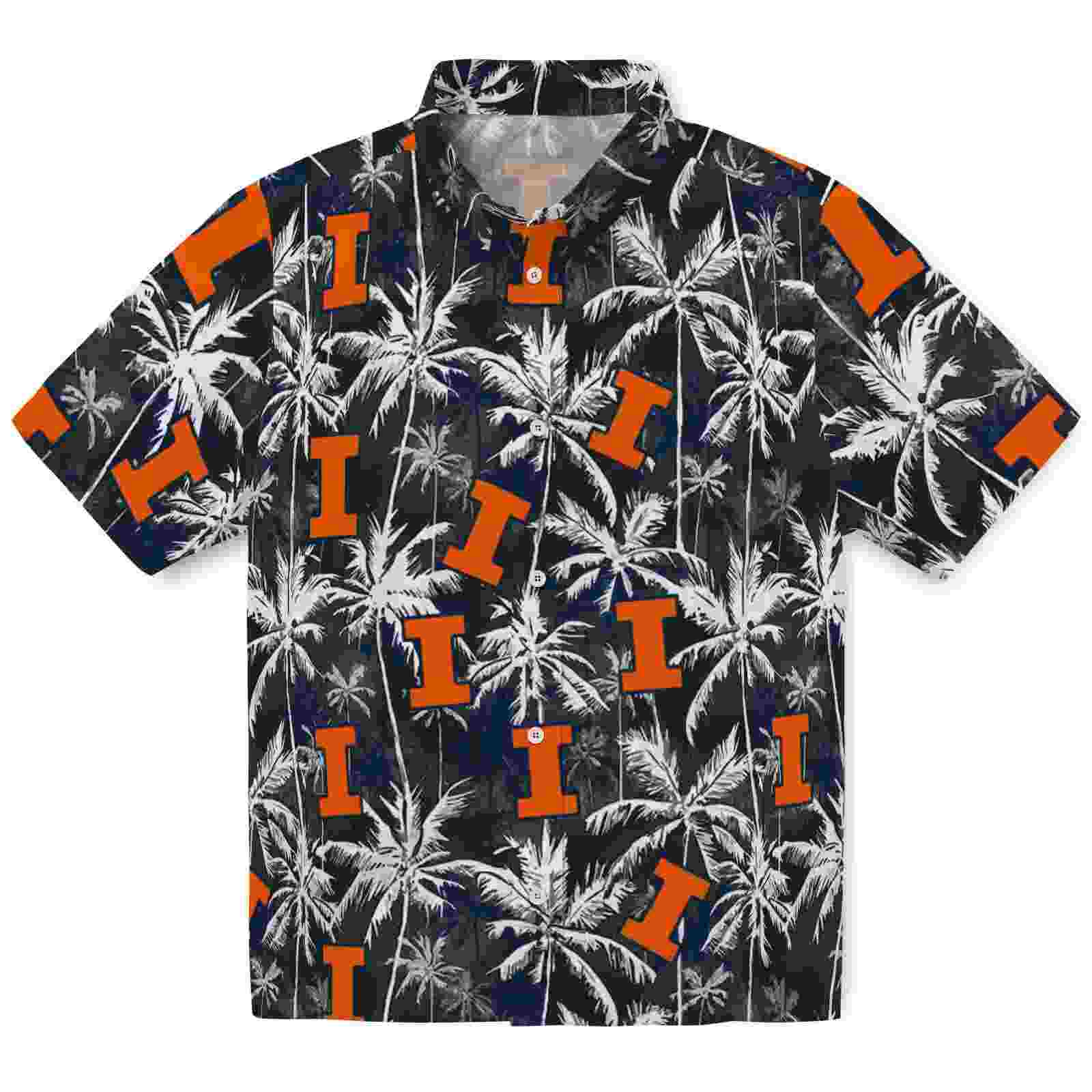 Illinois Fighting Illini Palm Pattern Blue Black Hawaiian Shirt