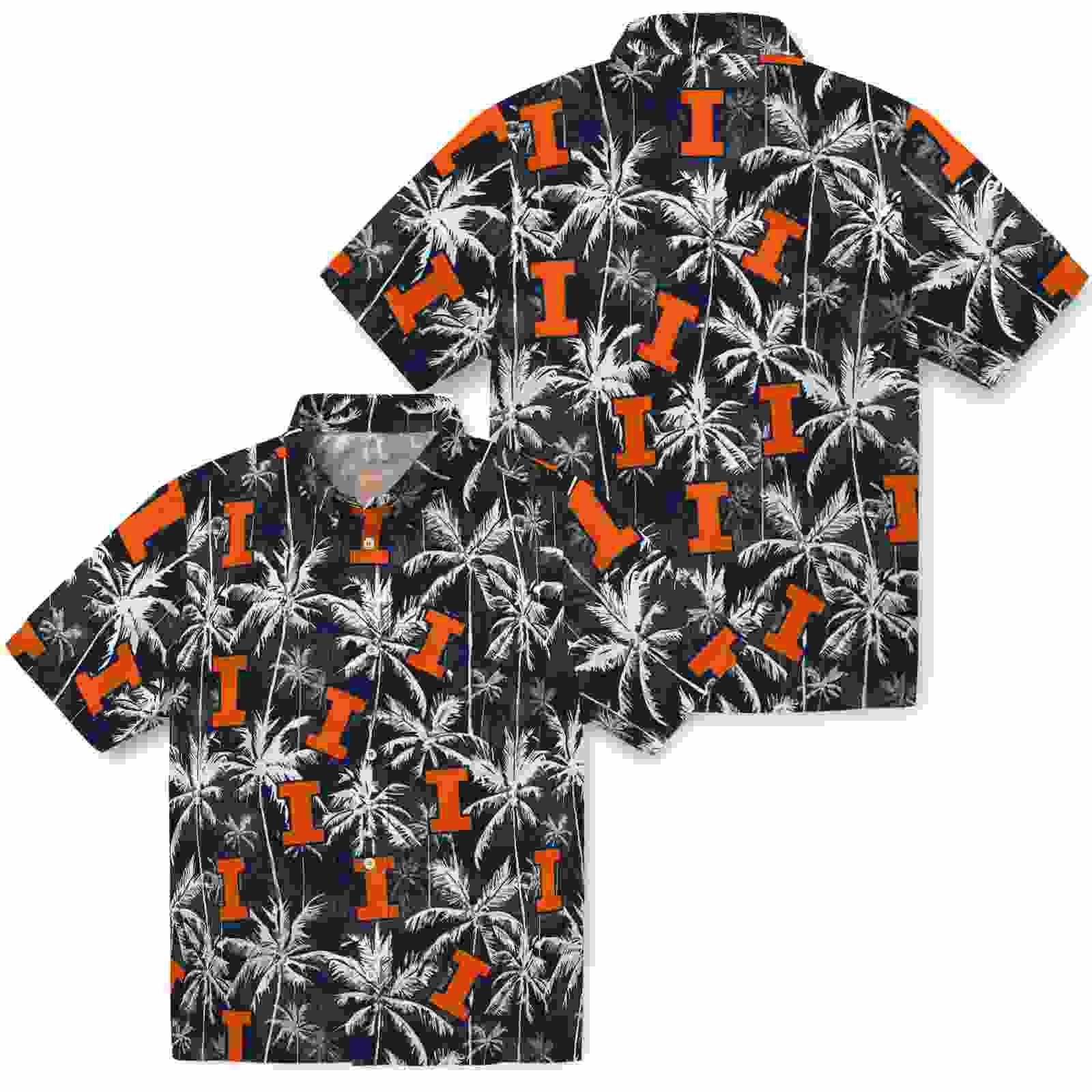 illinois fighting illini palm pattern blue black hawaiian shirt high quality