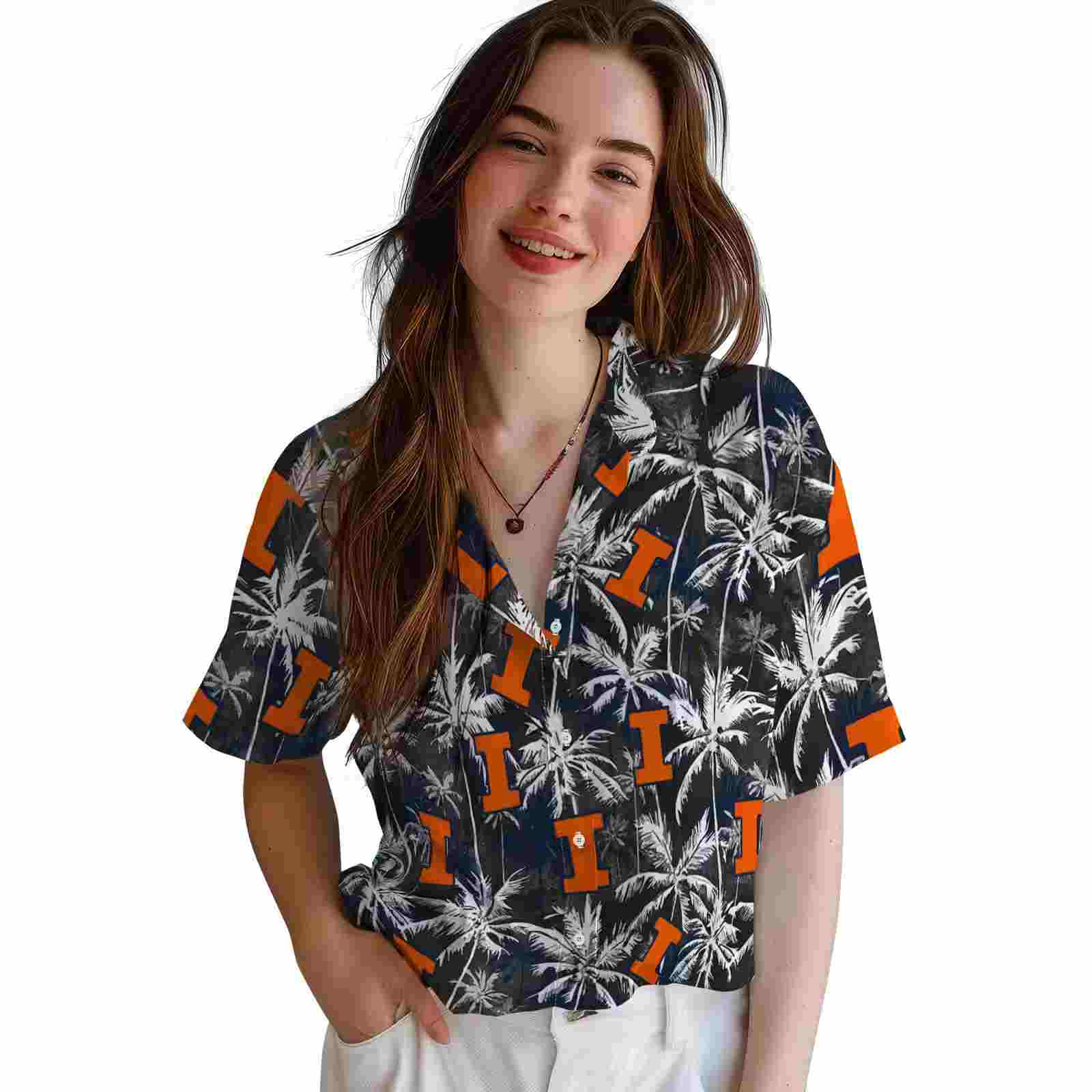 illinois fighting illini palm pattern blue black hawaiian shirt latest model