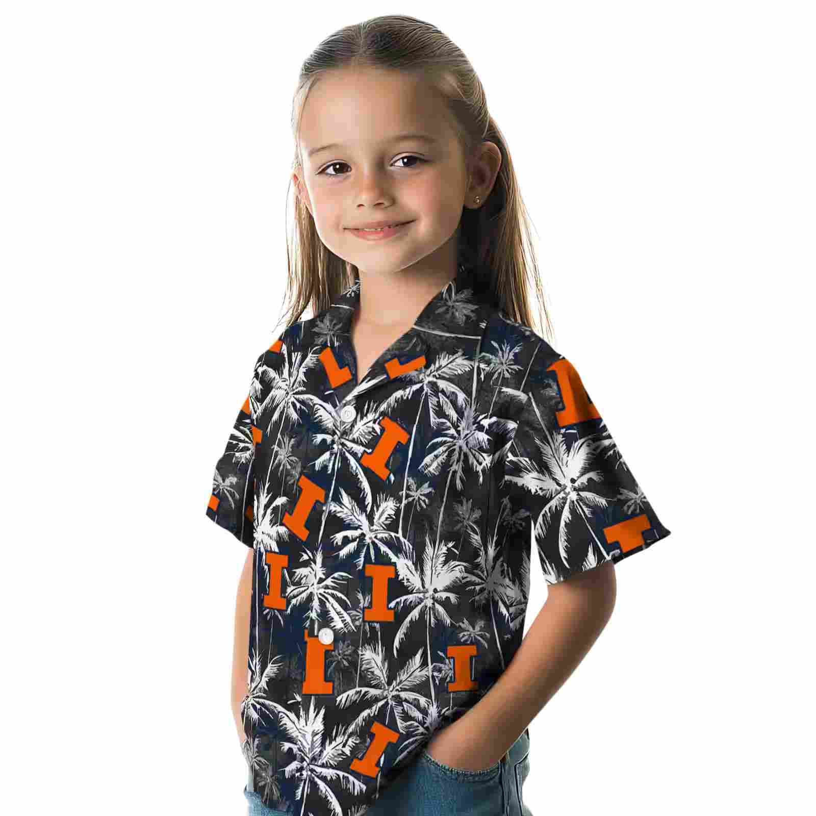 illinois fighting illini palm pattern blue black hawaiian shirt premium grade