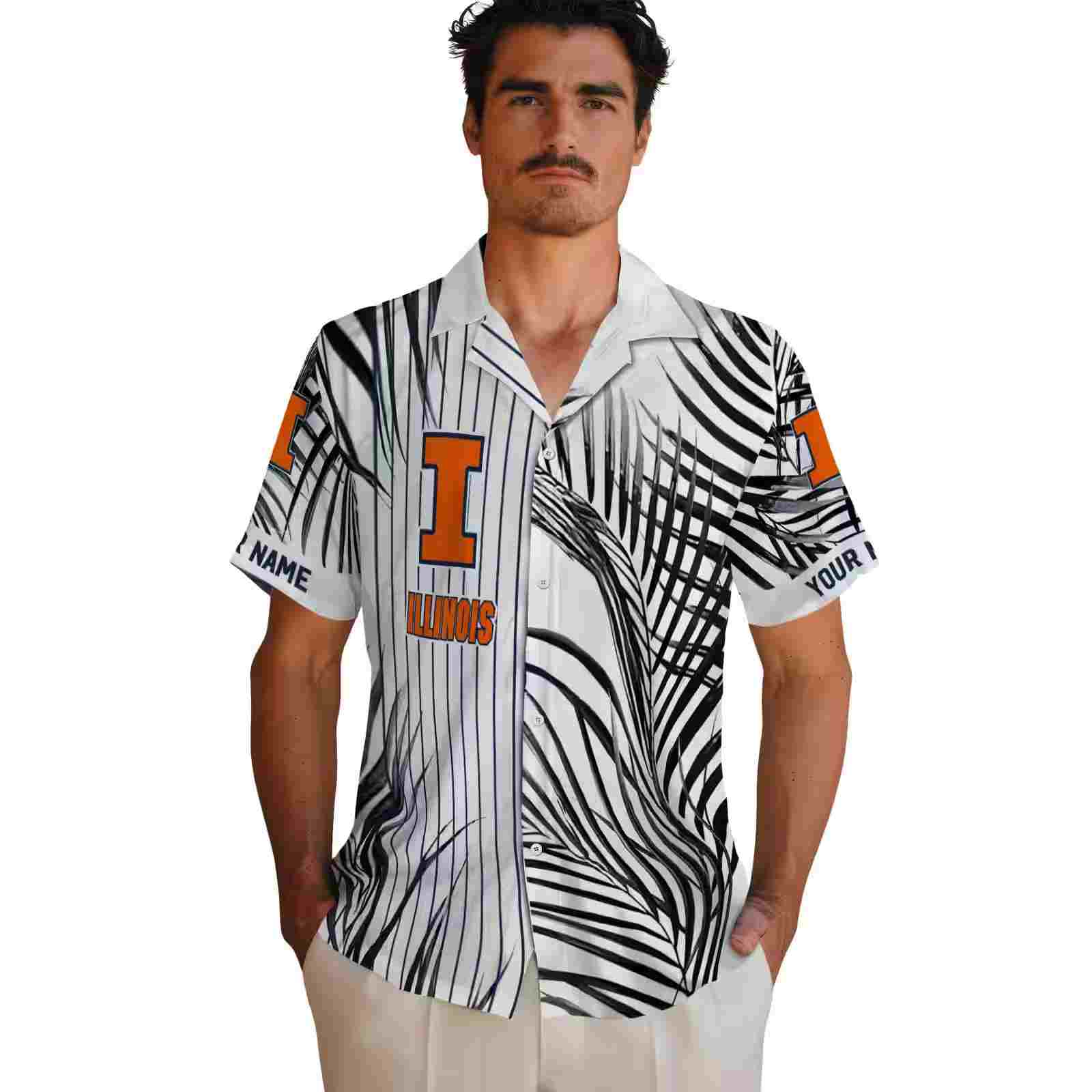 illinois fighting illini palm stripes blue black white hawaiian shirt fashion forward