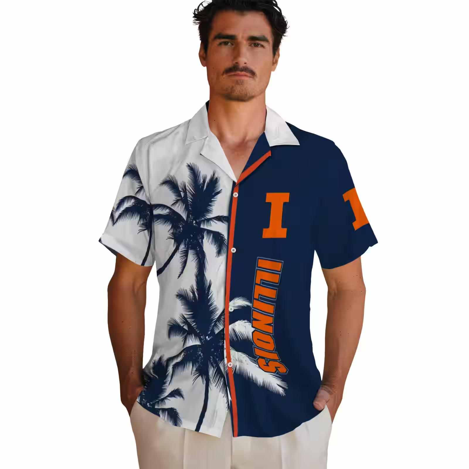 illinois fighting illini palm trees blue white hawaiian shirt fashion forward