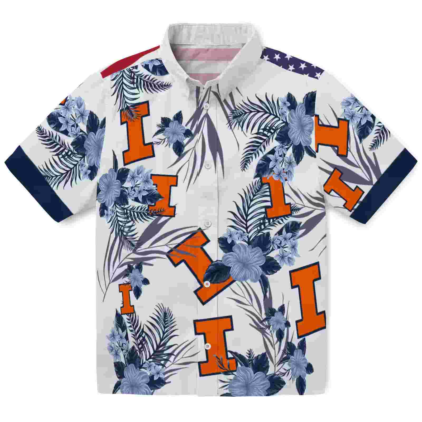 Illinois Fighting Illini Patriotic Hibiscus Design Blue White Hawaiian Shirt