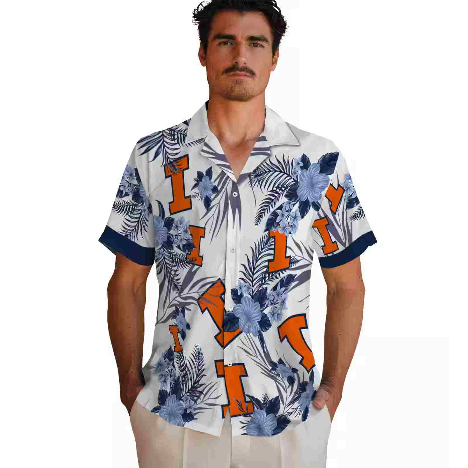 illinois fighting illini patriotic hibiscus design blue white hawaiian shirt fashion forward