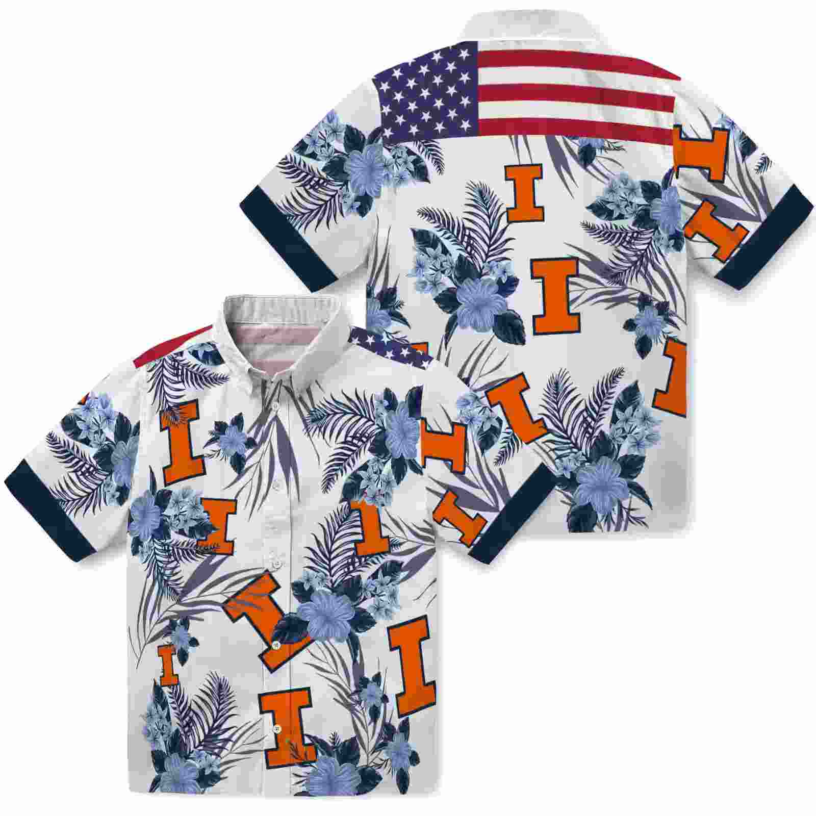 illinois fighting illini patriotic hibiscus design blue white hawaiian shirt high quality