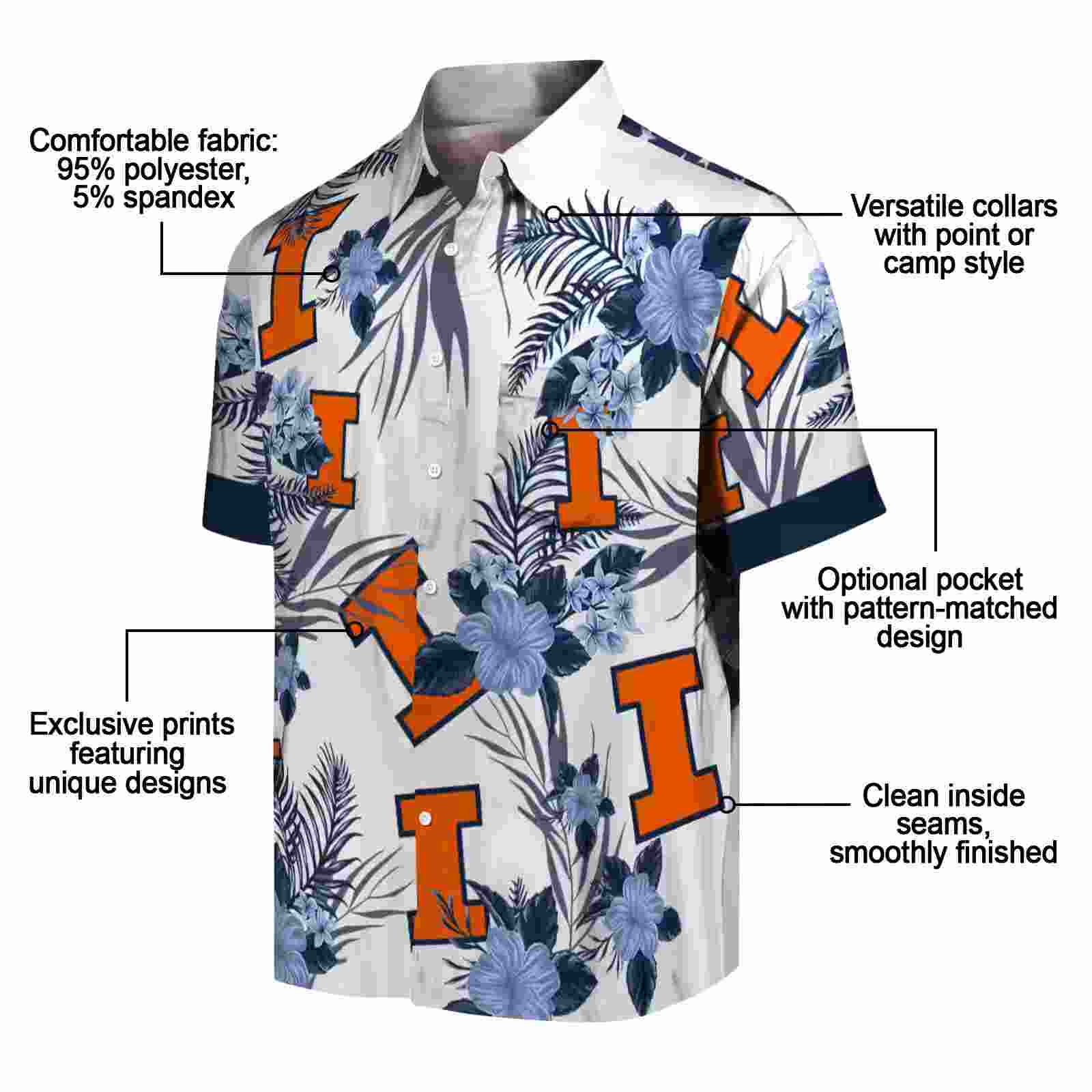 illinois fighting illini patriotic hibiscus design blue white hawaiian shirt new arrival