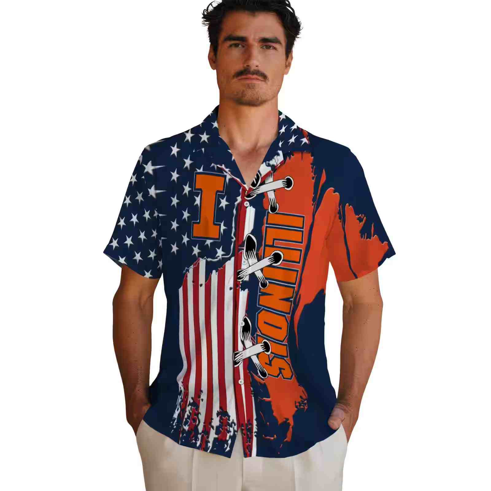 illinois fighting illini stitched flag blue hawaiian shirt fashion forward