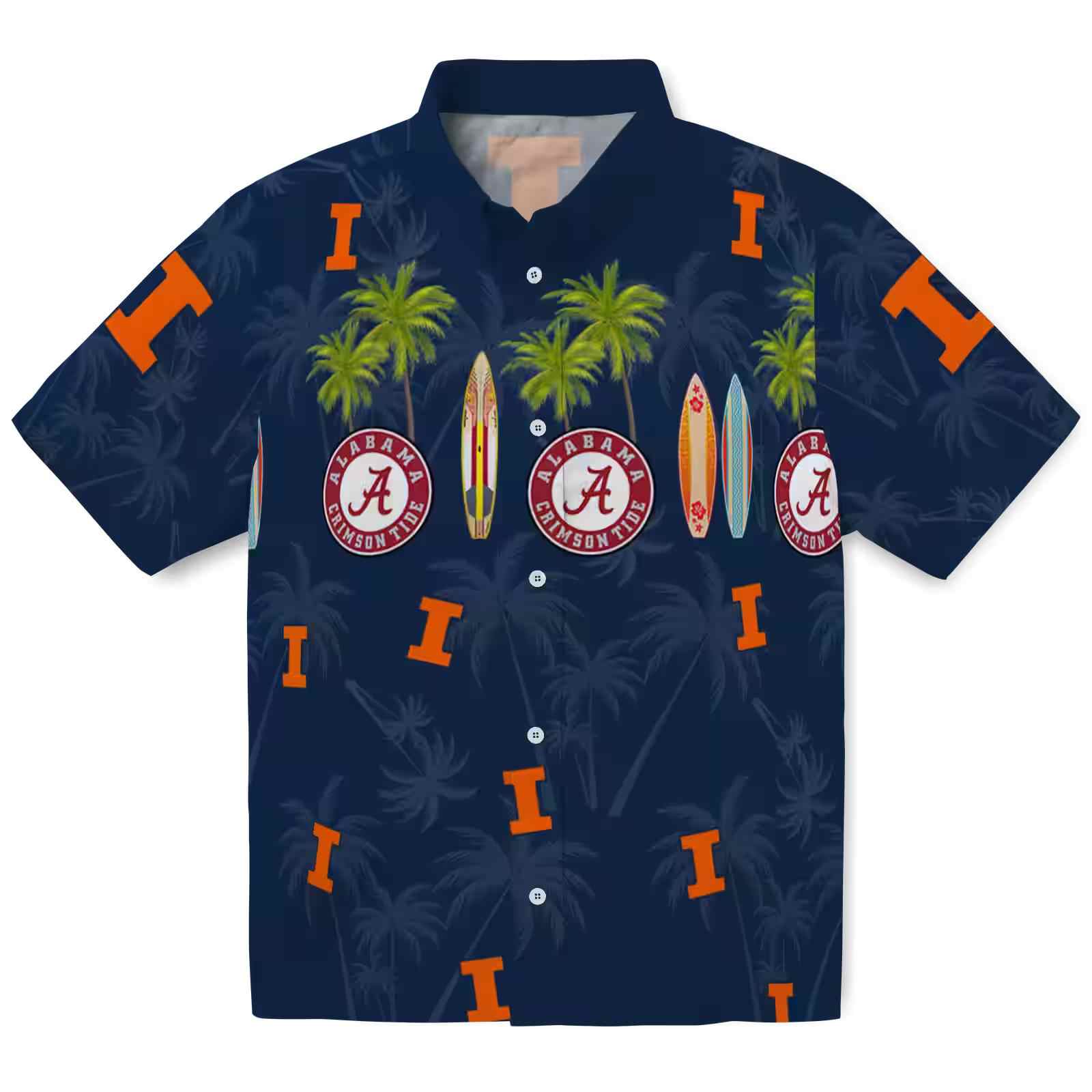 Illinois Fighting Illini Surfboard Palm Blue Hawaiian Shirt