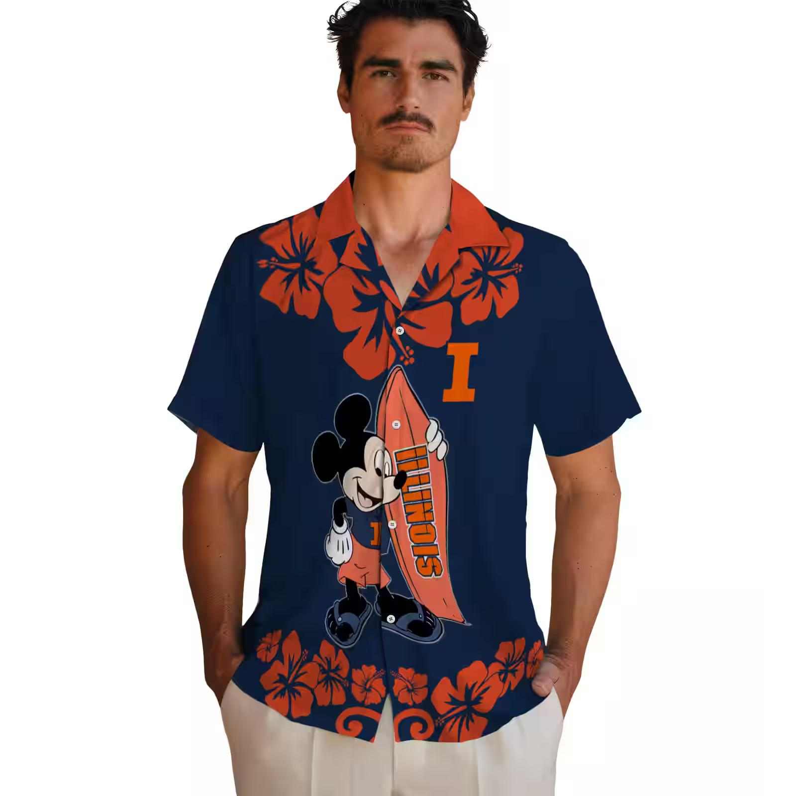 illinois fighting illini surfing mickey blue hawaiian shirt fashion forward