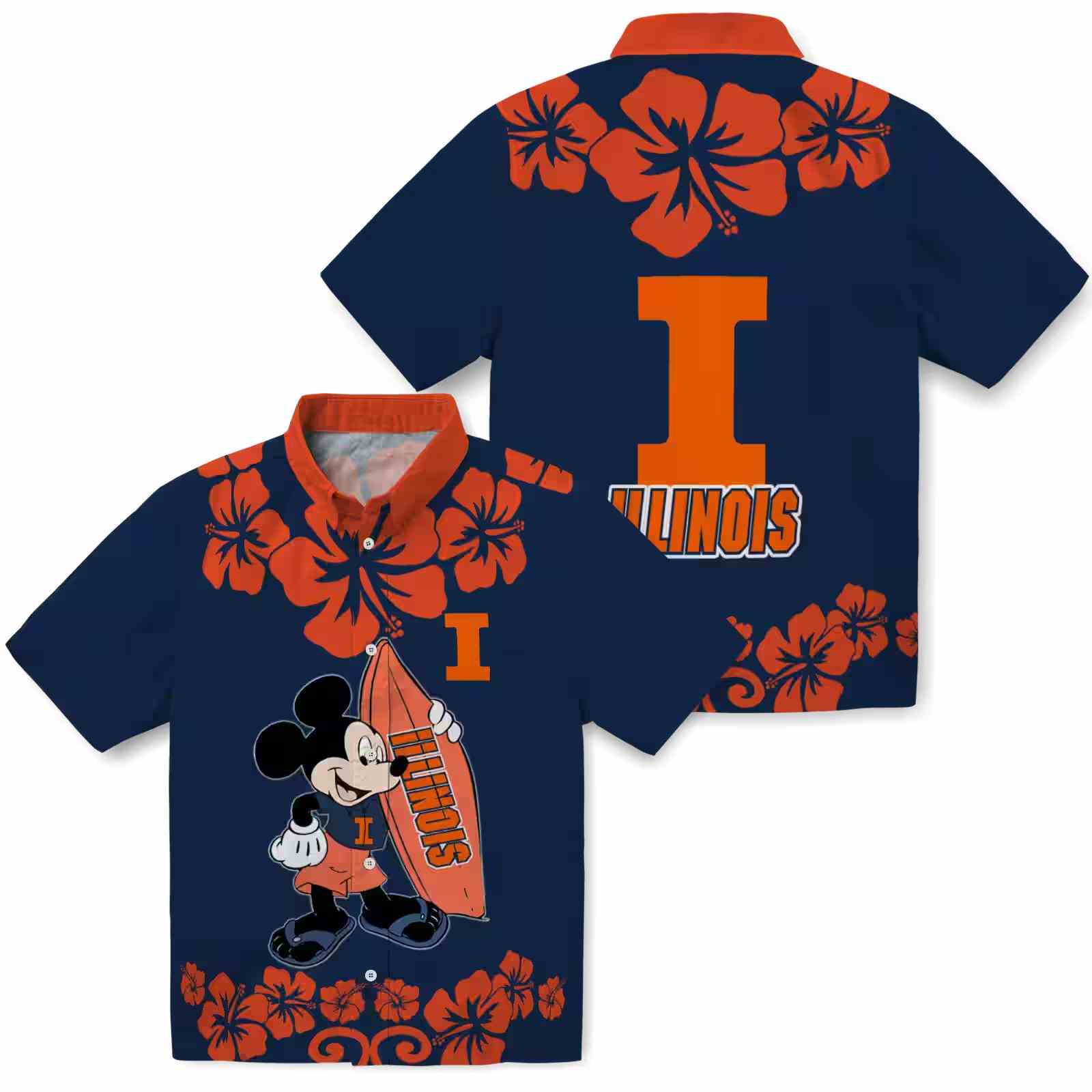 illinois fighting illini surfing mickey blue hawaiian shirt high quality