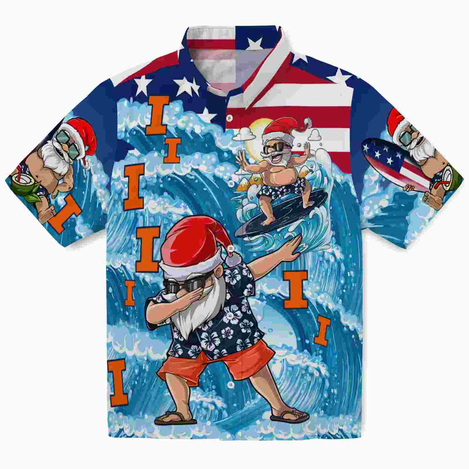 Illinois Fighting Illini Surfing Santa Blue Hawaiian Shirt