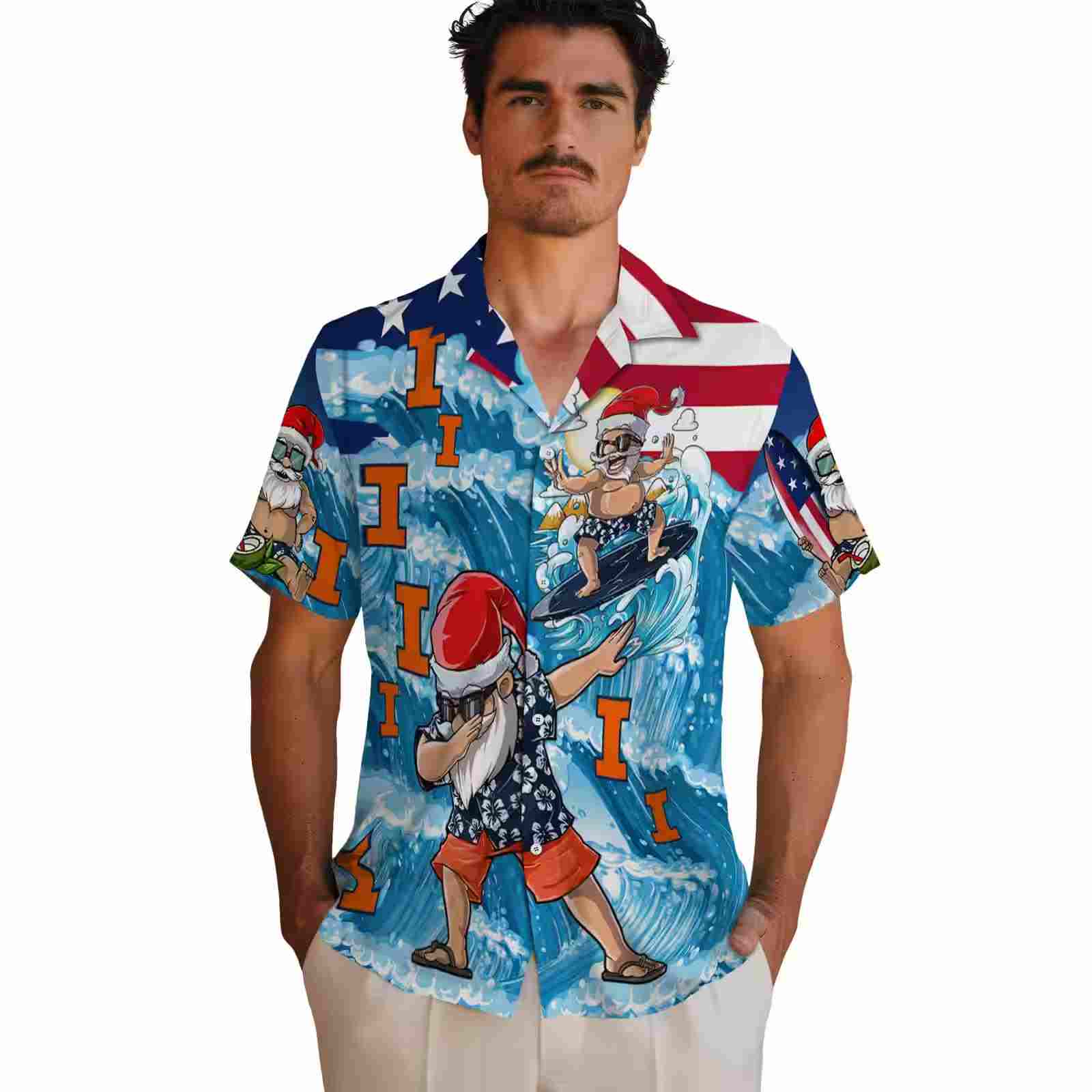 illinois fighting illini surfing santa blue hawaiian shirt fashion forward