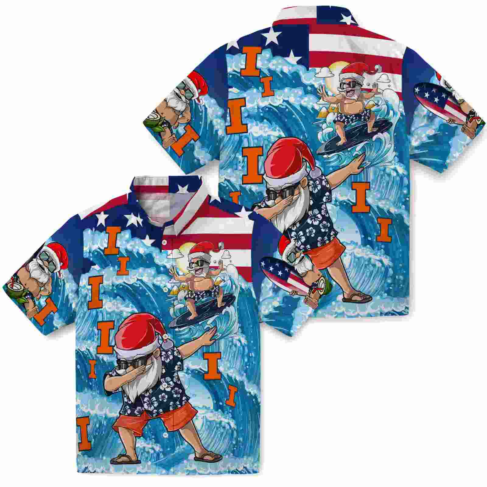 illinois fighting illini surfing santa blue hawaiian shirt high quality