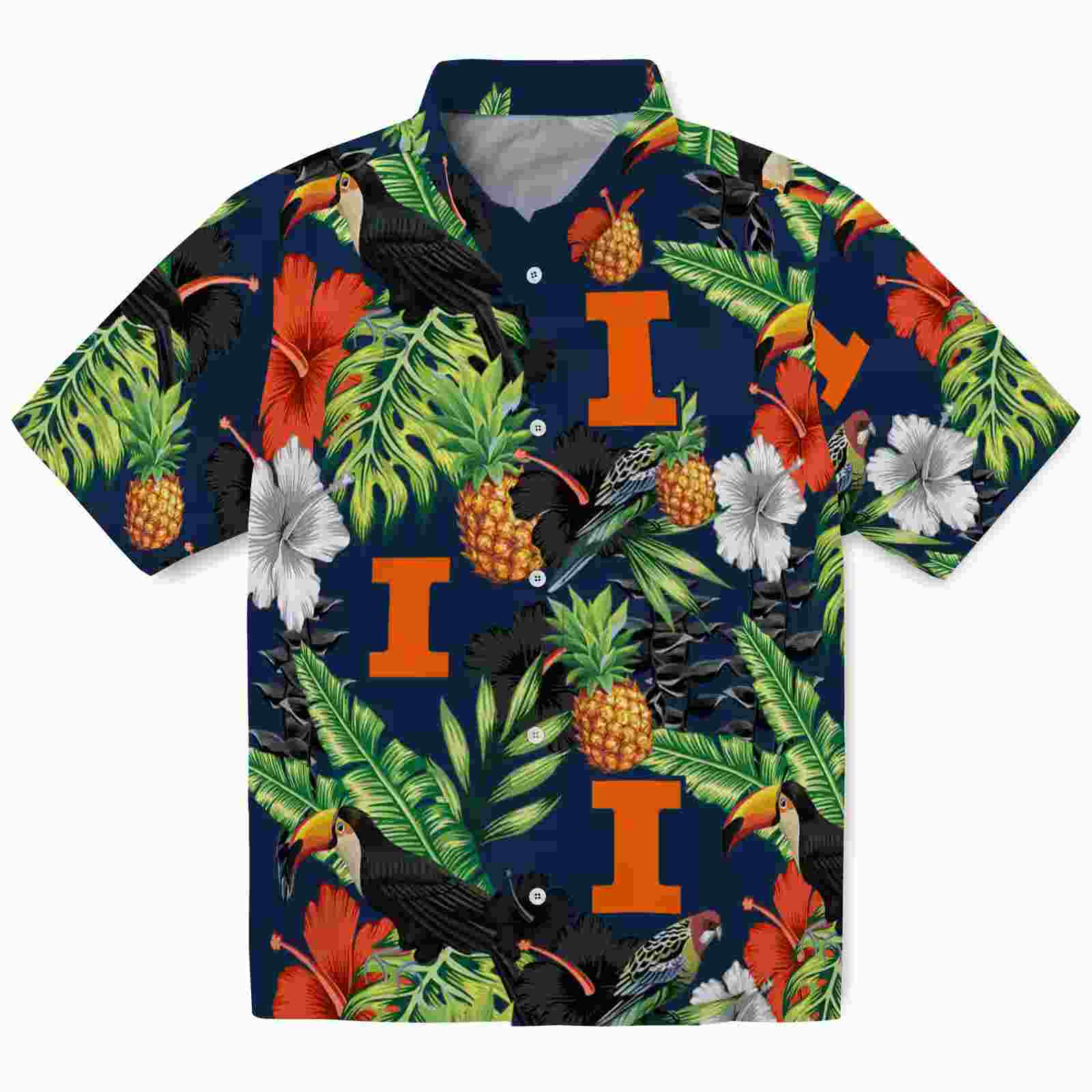 Illinois Fighting Illini Toucan Hibiscus Pineapple Blue Green Hawaiian Shirt