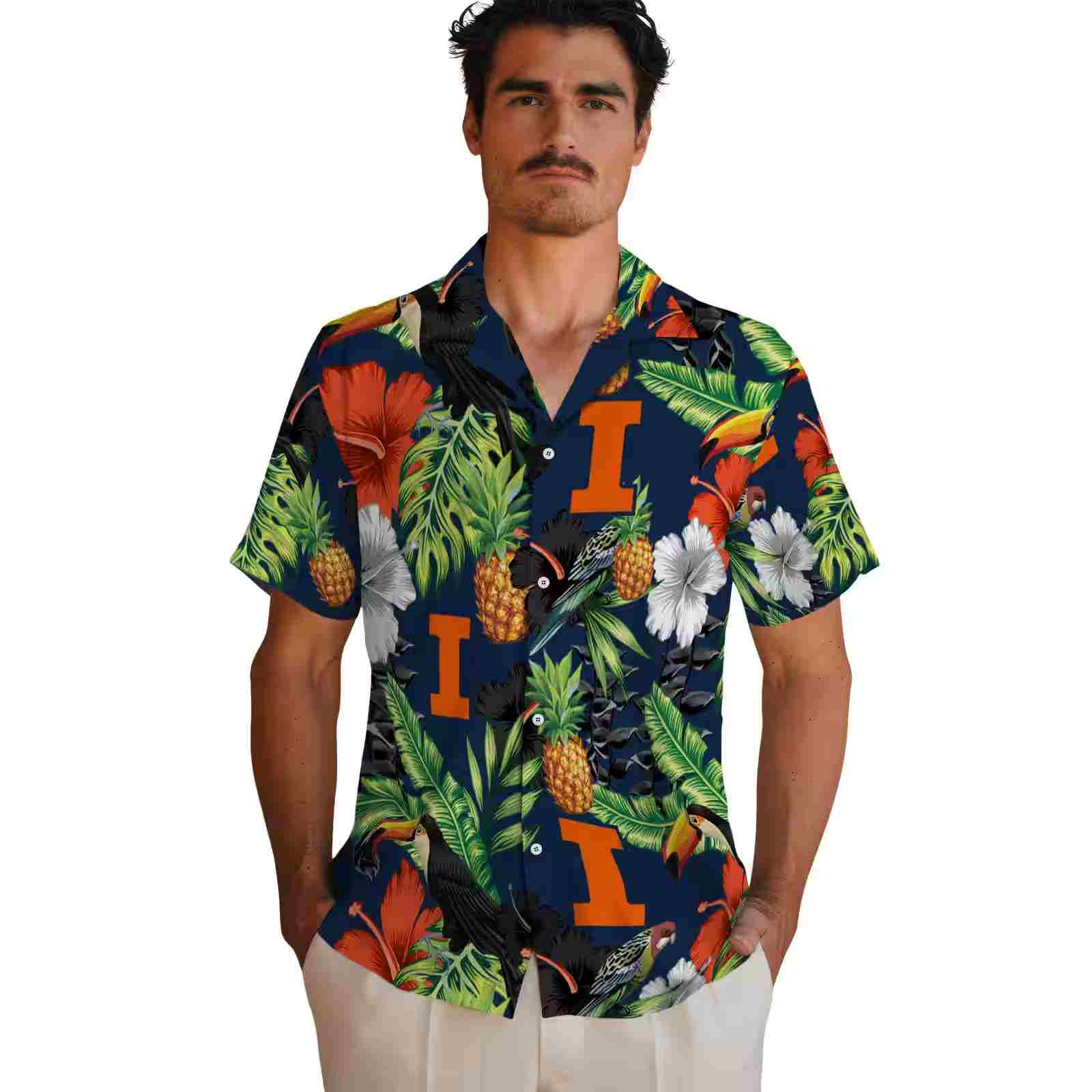 illinois fighting illini toucan hibiscus pineapple blue green hawaiian shirt fashion forward