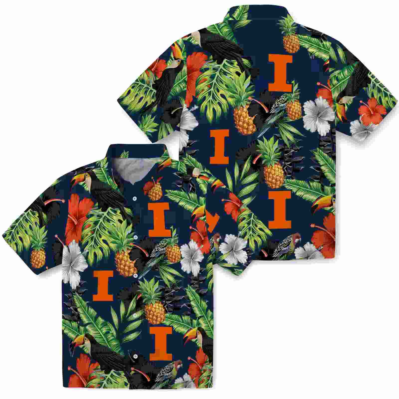 illinois fighting illini toucan hibiscus pineapple blue green hawaiian shirt high quality