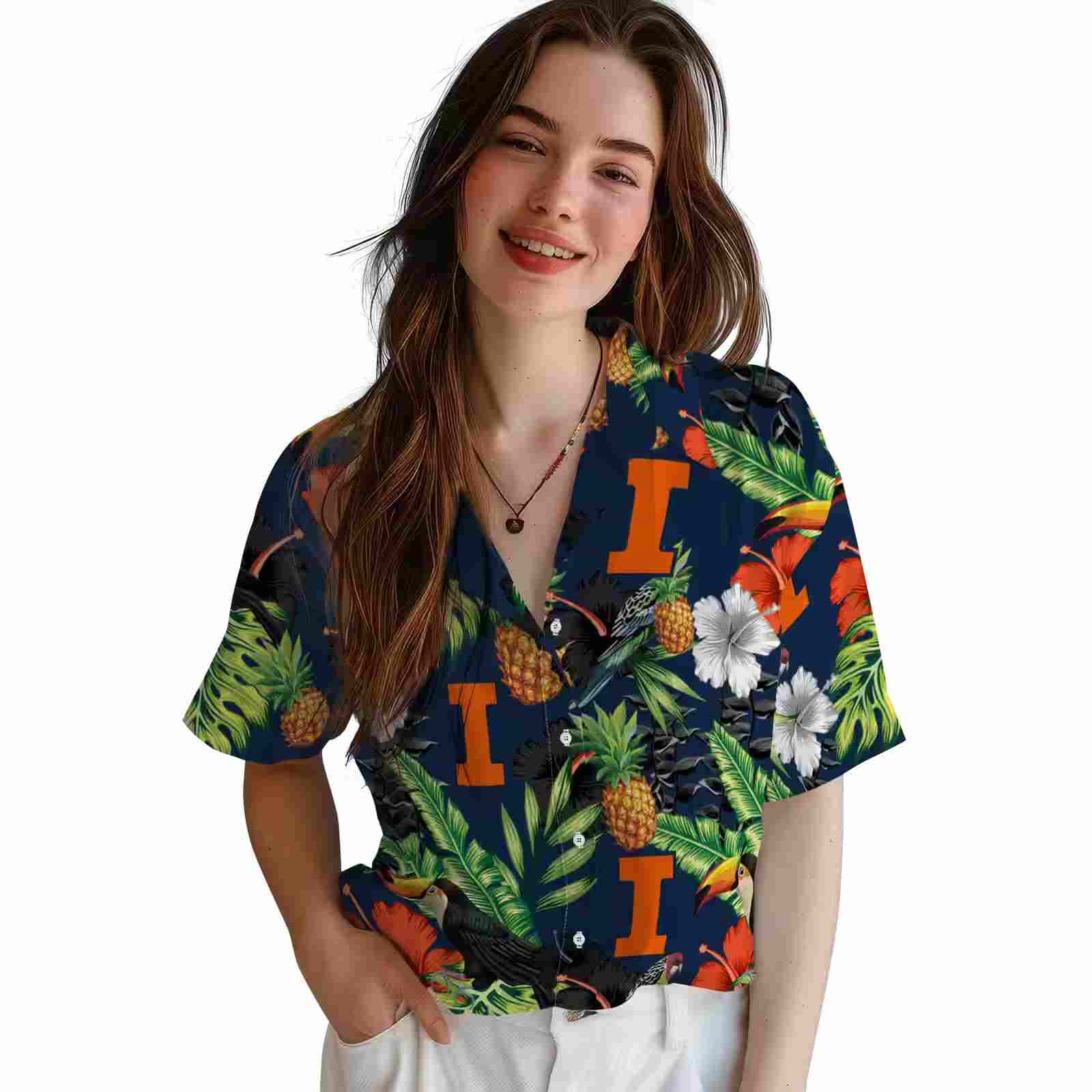 illinois fighting illini toucan hibiscus pineapple blue green hawaiian shirt latest model