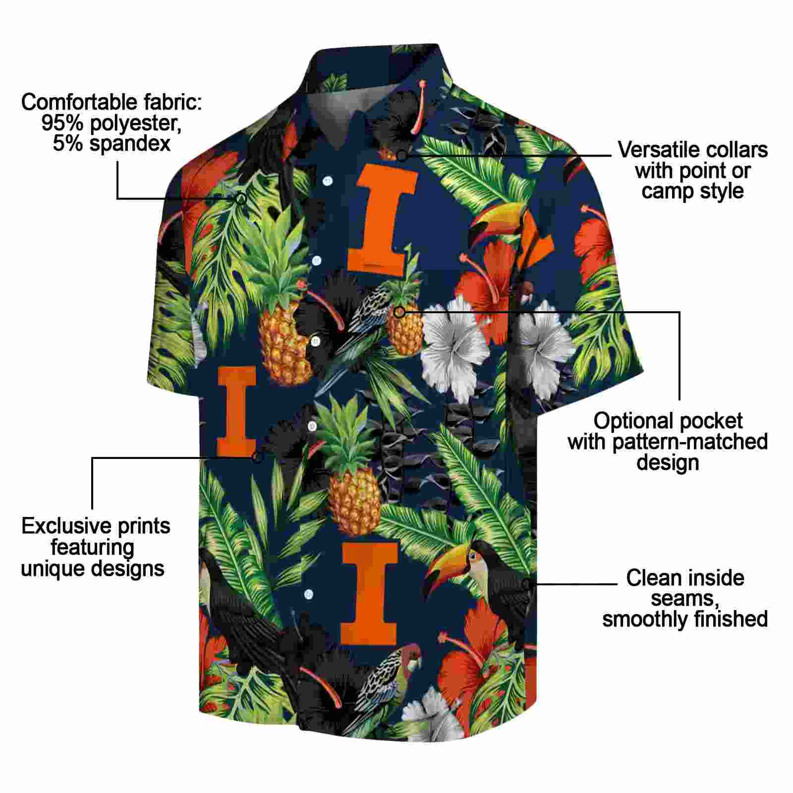 illinois fighting illini toucan hibiscus pineapple blue green hawaiian shirt new arrival