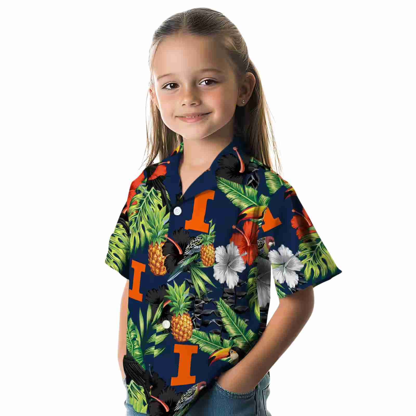 illinois fighting illini toucan hibiscus pineapple blue green hawaiian shirt premium grade