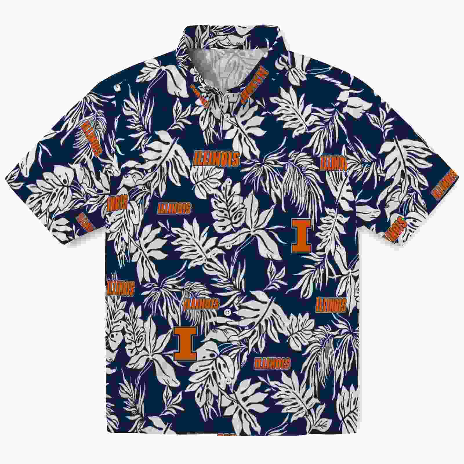 Illinois Fighting Illini Tropical Leaf Blue White Hawaiian Shirt