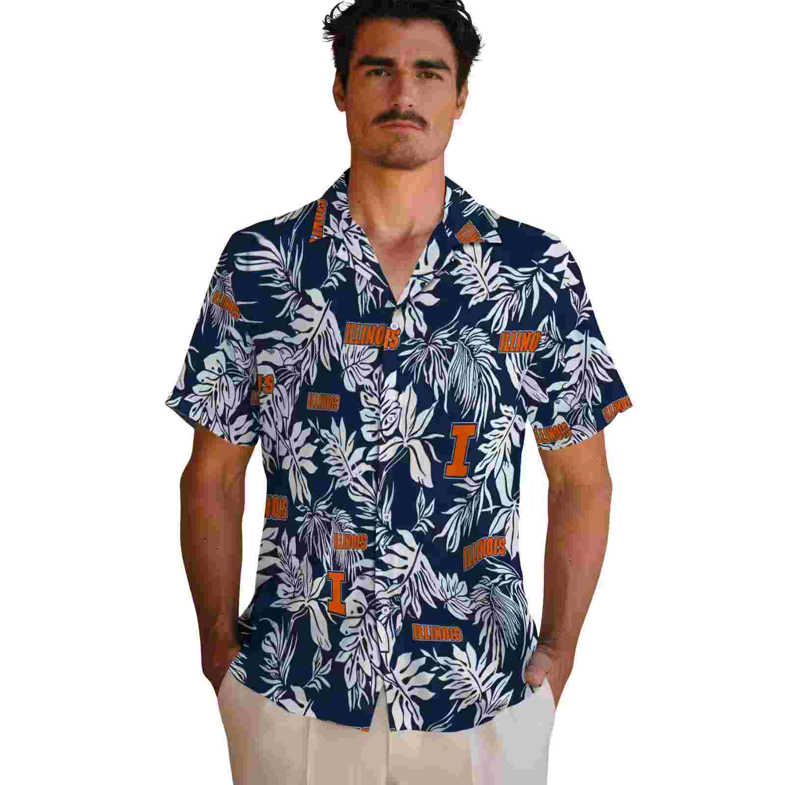 illinois fighting illini tropical leaf blue white hawaiian shirt fashion forward