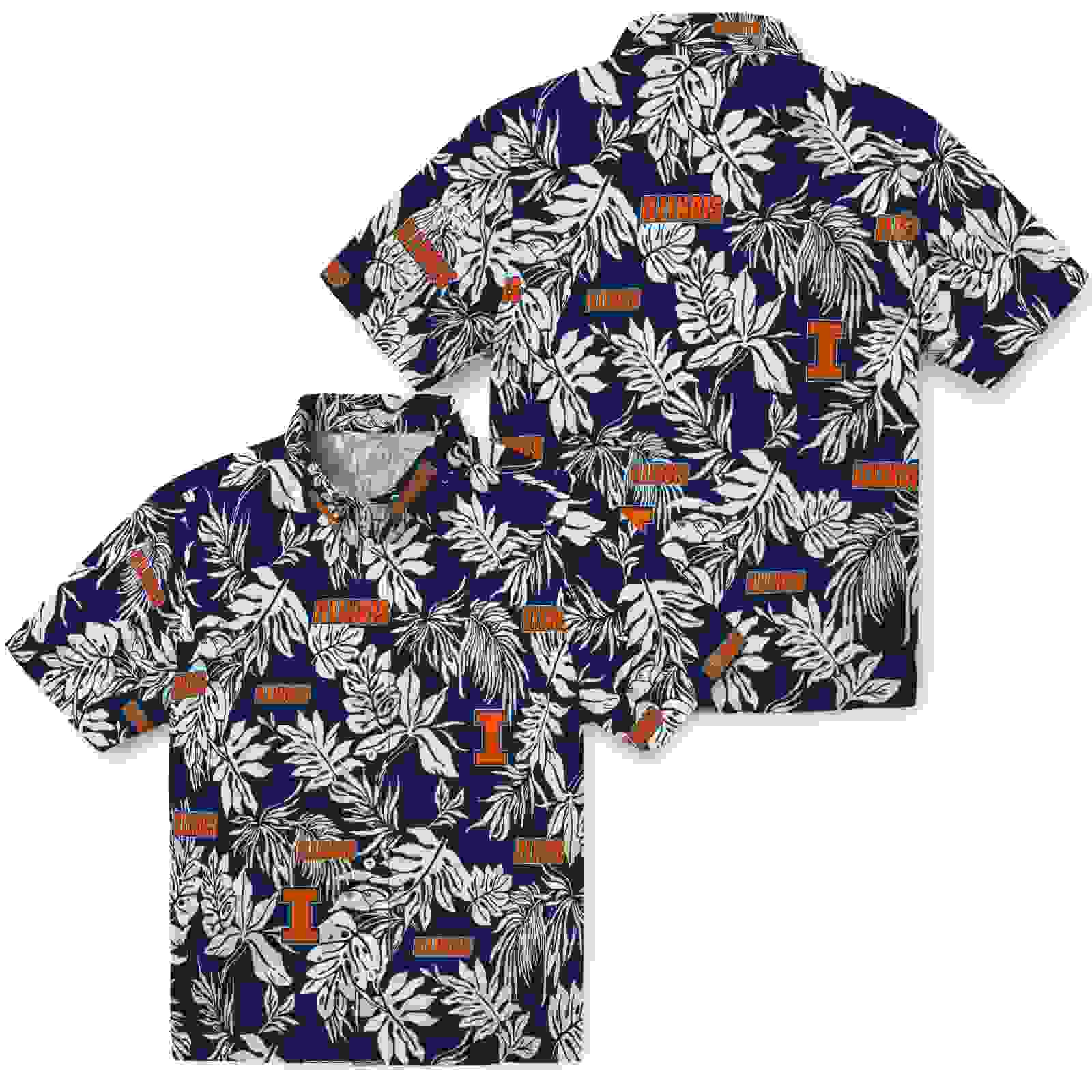 illinois fighting illini tropical leaf blue white hawaiian shirt high quality