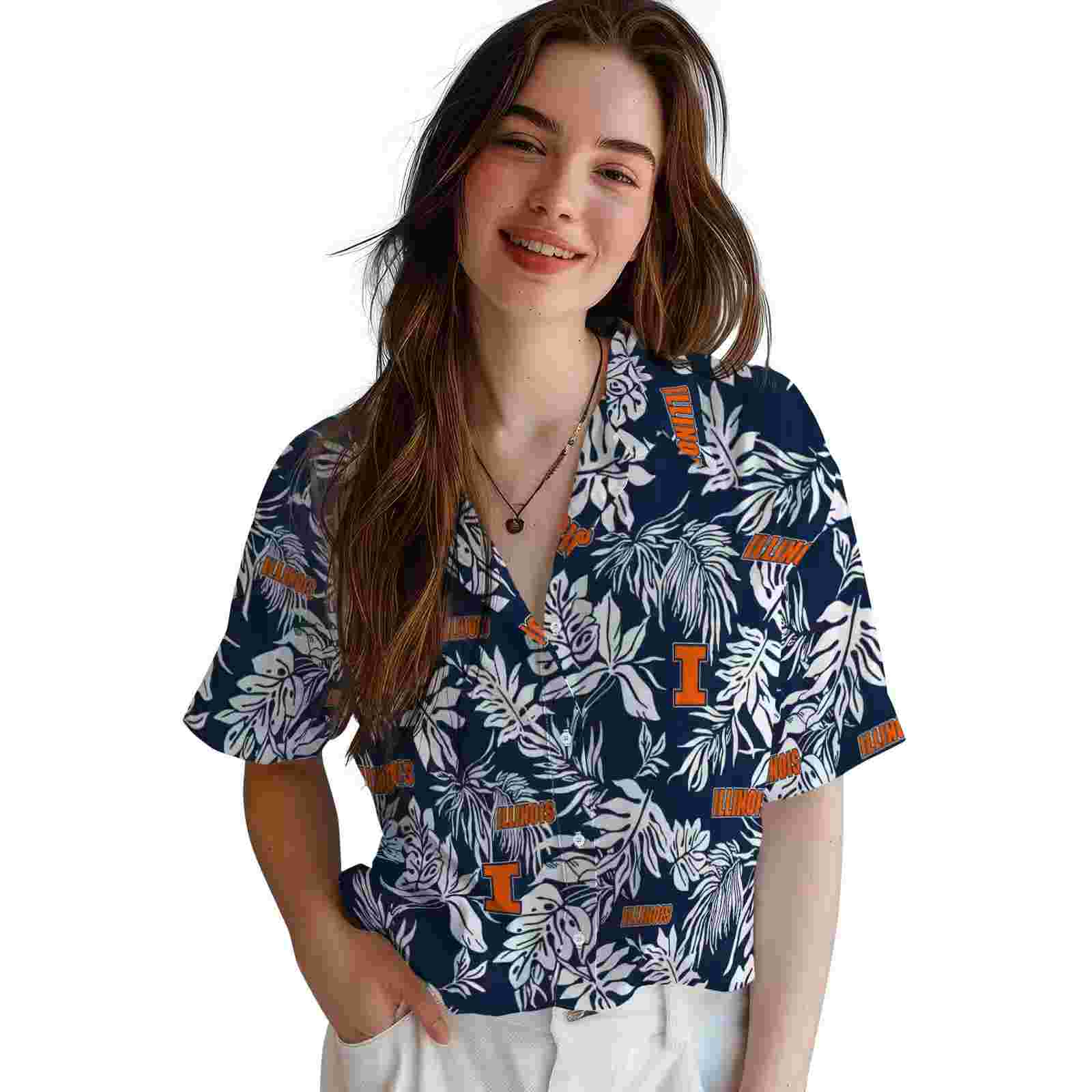 illinois fighting illini tropical leaf blue white hawaiian shirt latest model