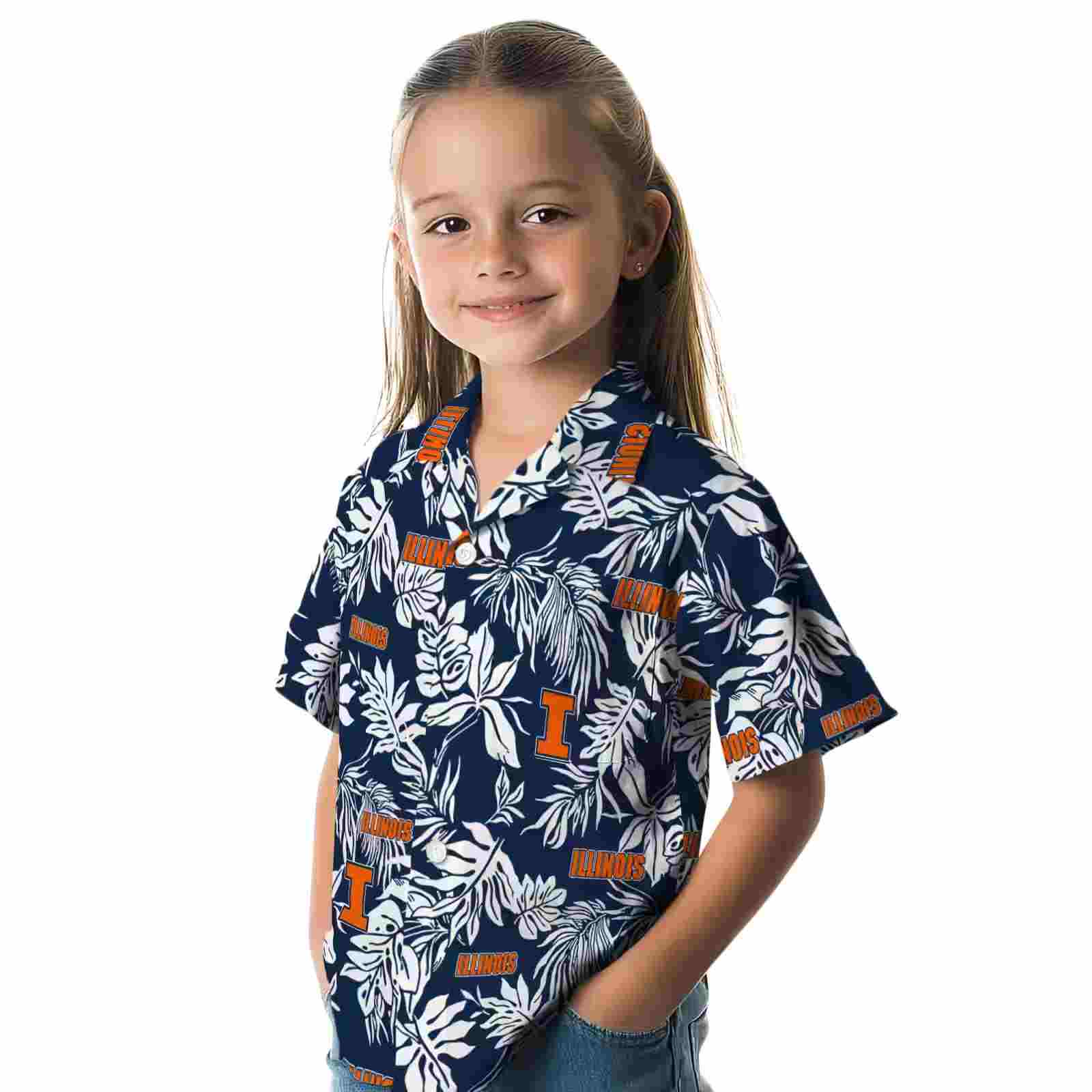 illinois fighting illini tropical leaf blue white hawaiian shirt premium grade