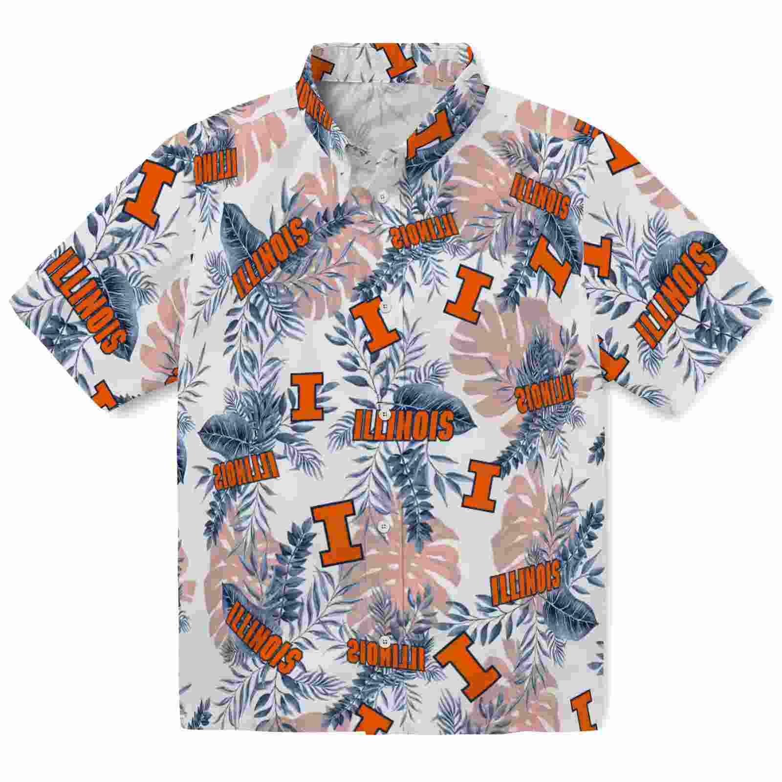 Illinois Fighting Illini Tropical Leaves Blue White Hawaiian Shirt