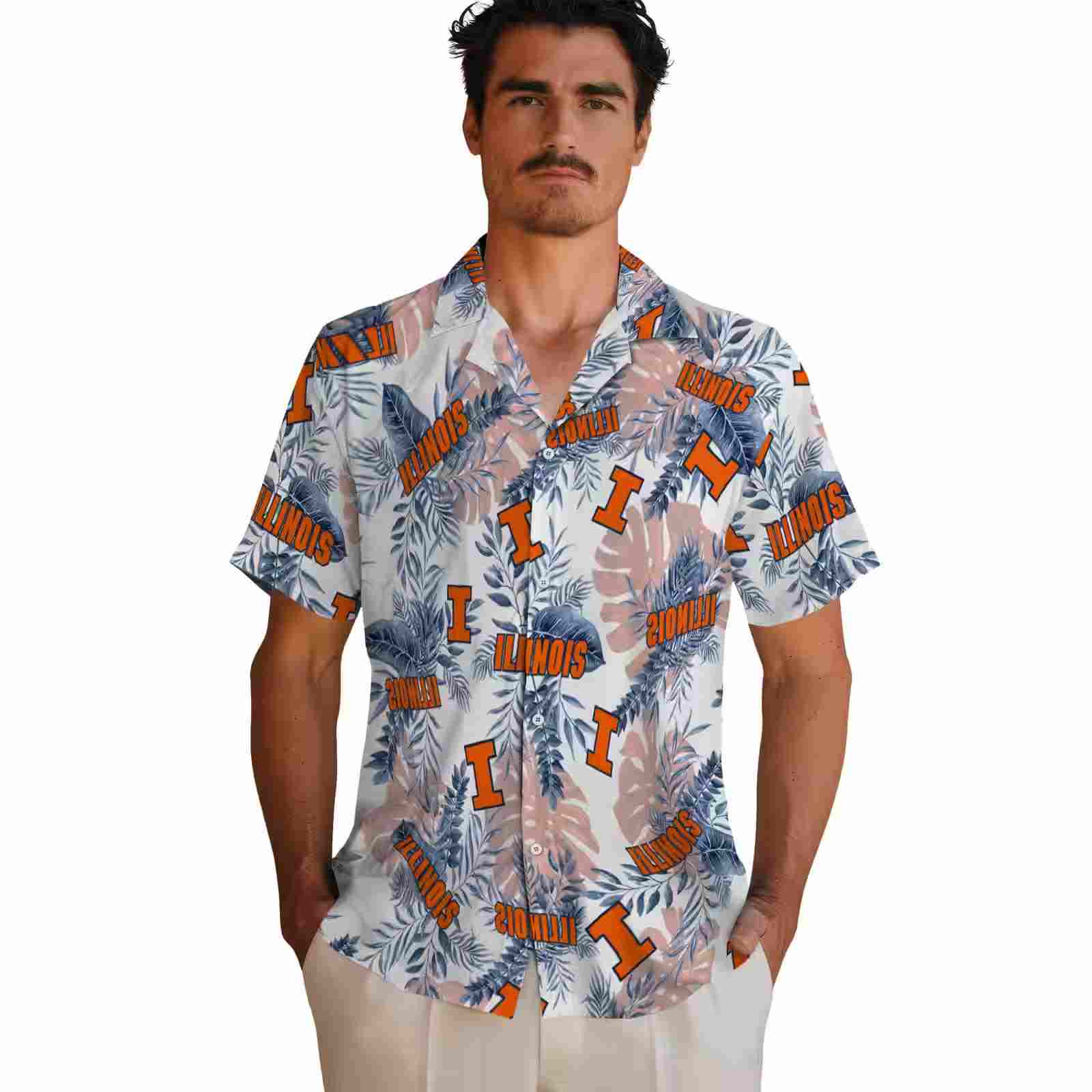 illinois fighting illini tropical leaves blue white hawaiian shirt fashion forward