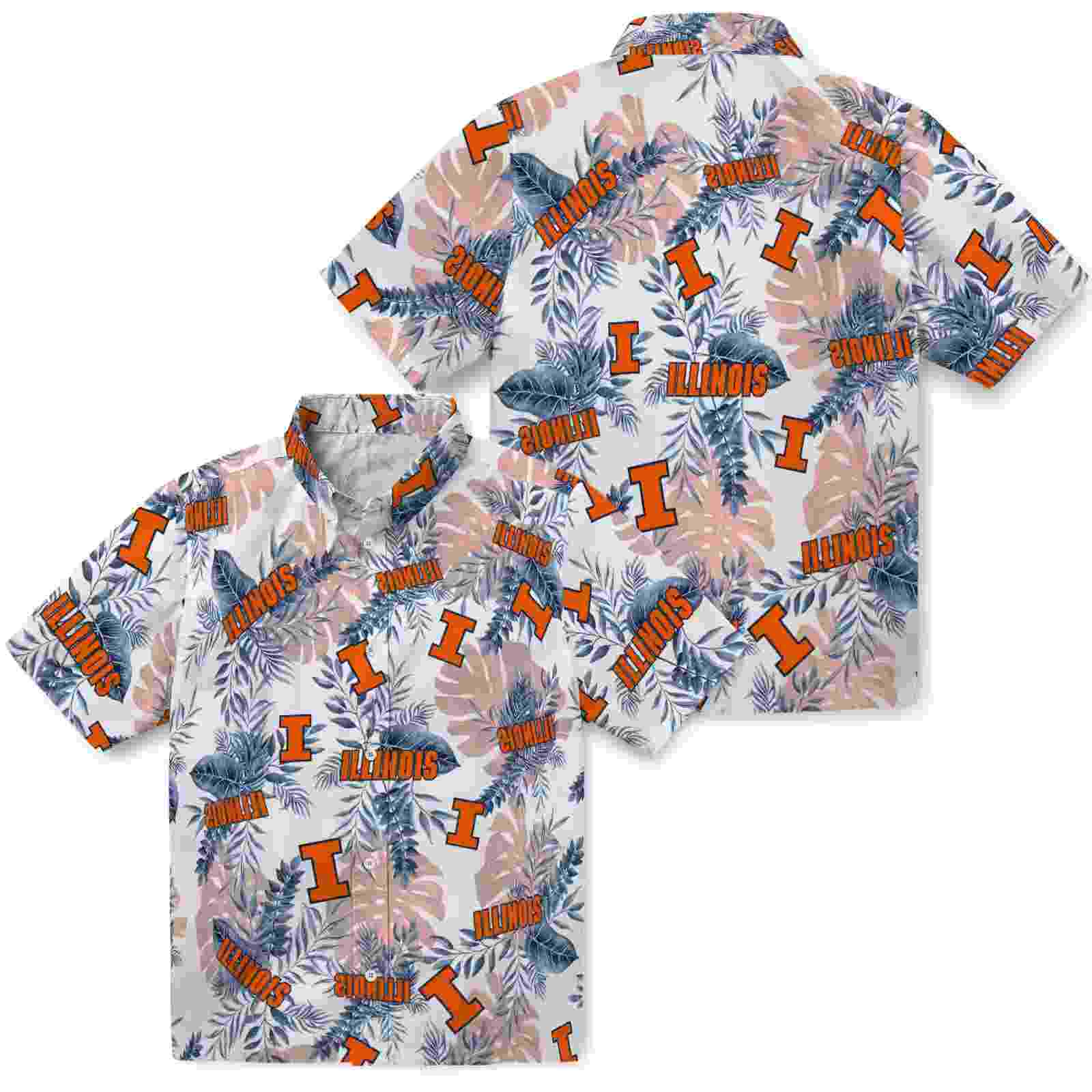 illinois fighting illini tropical leaves blue white hawaiian shirt high quality