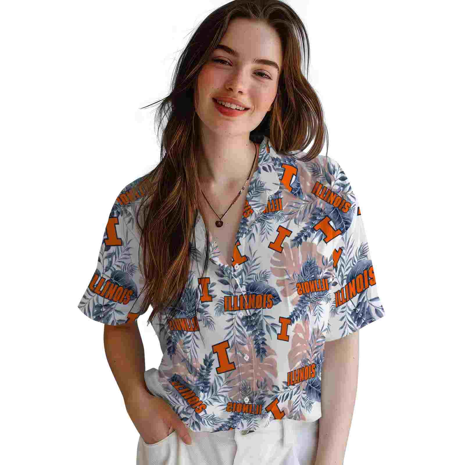 illinois fighting illini tropical leaves blue white hawaiian shirt latest model